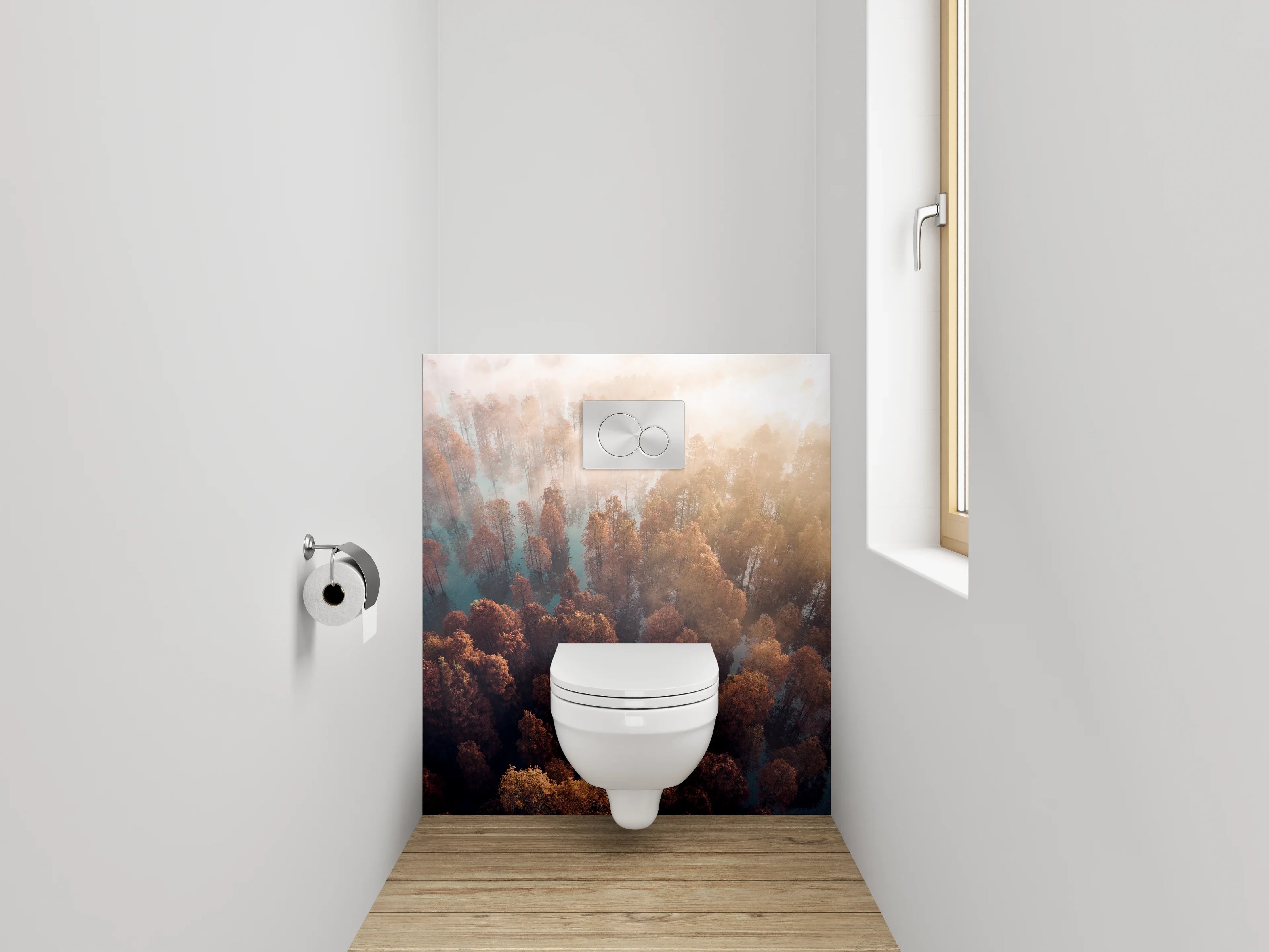 WC-Rückwand - Herbstlicher Nebelwald aus der Vogelperspektive