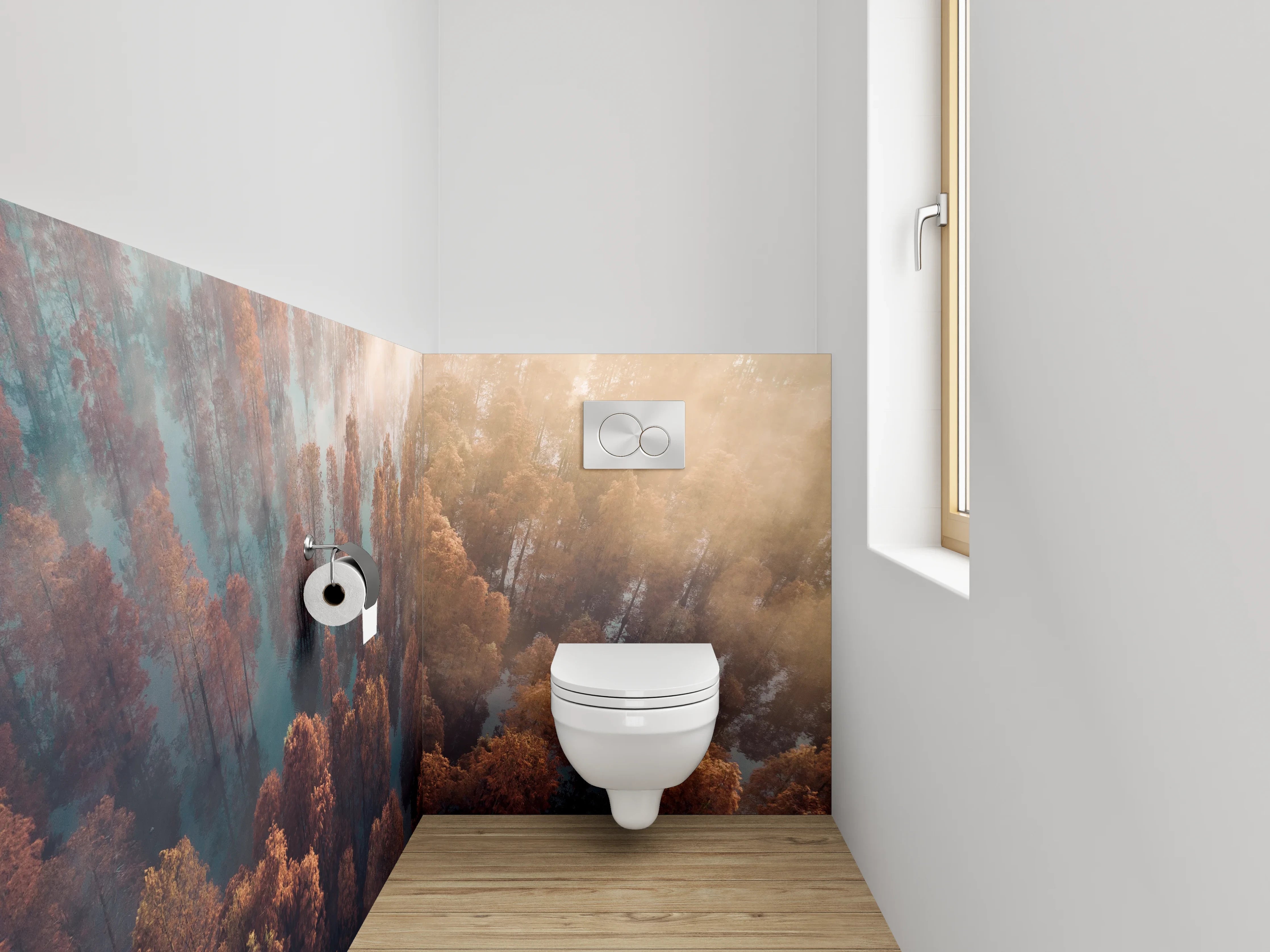 WC-Rückwand - Herbstlicher Nebelwald aus der Vogelperspektive