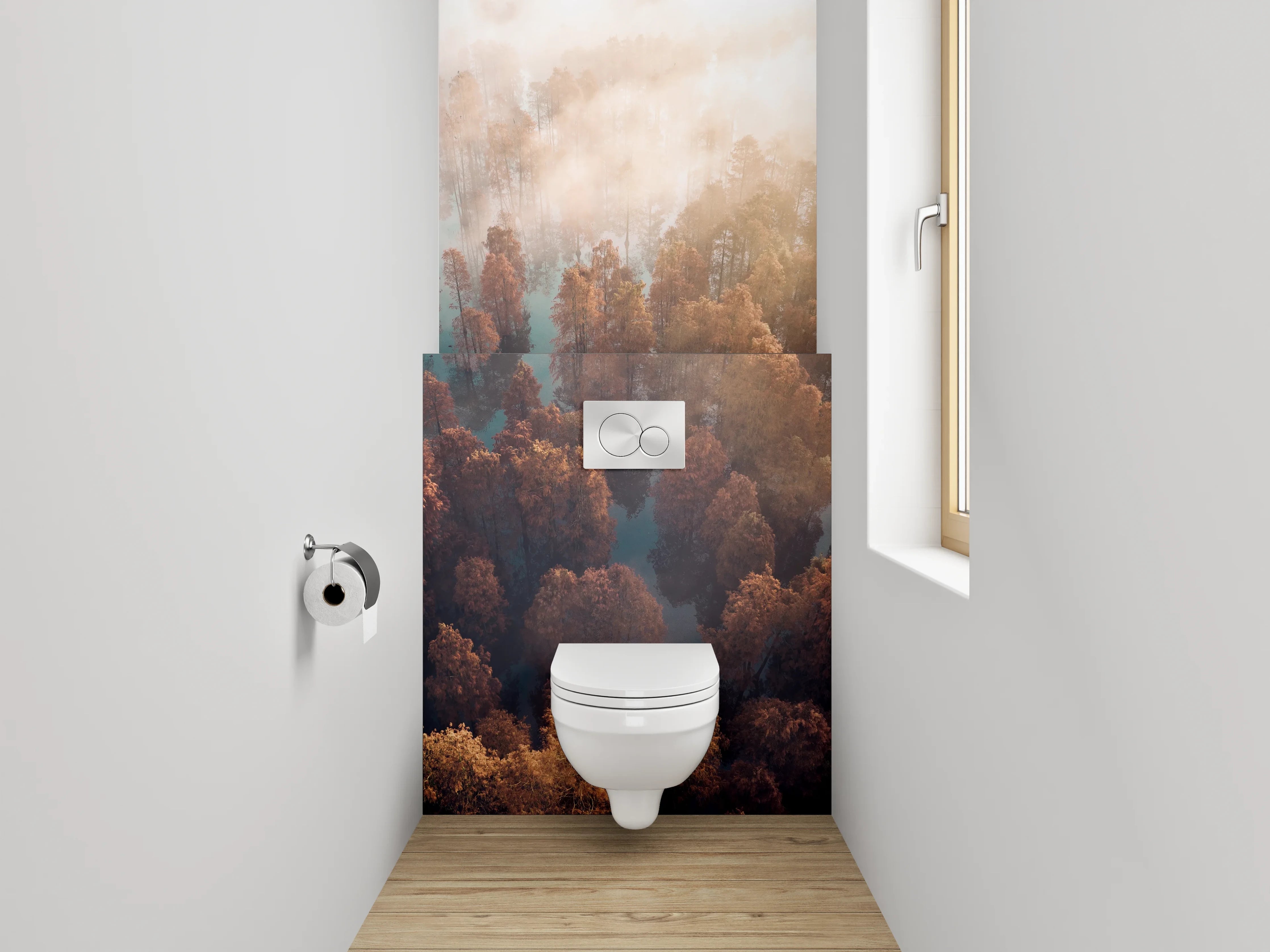 WC-Rückwand - Herbstlicher Nebelwald aus der Vogelperspektive