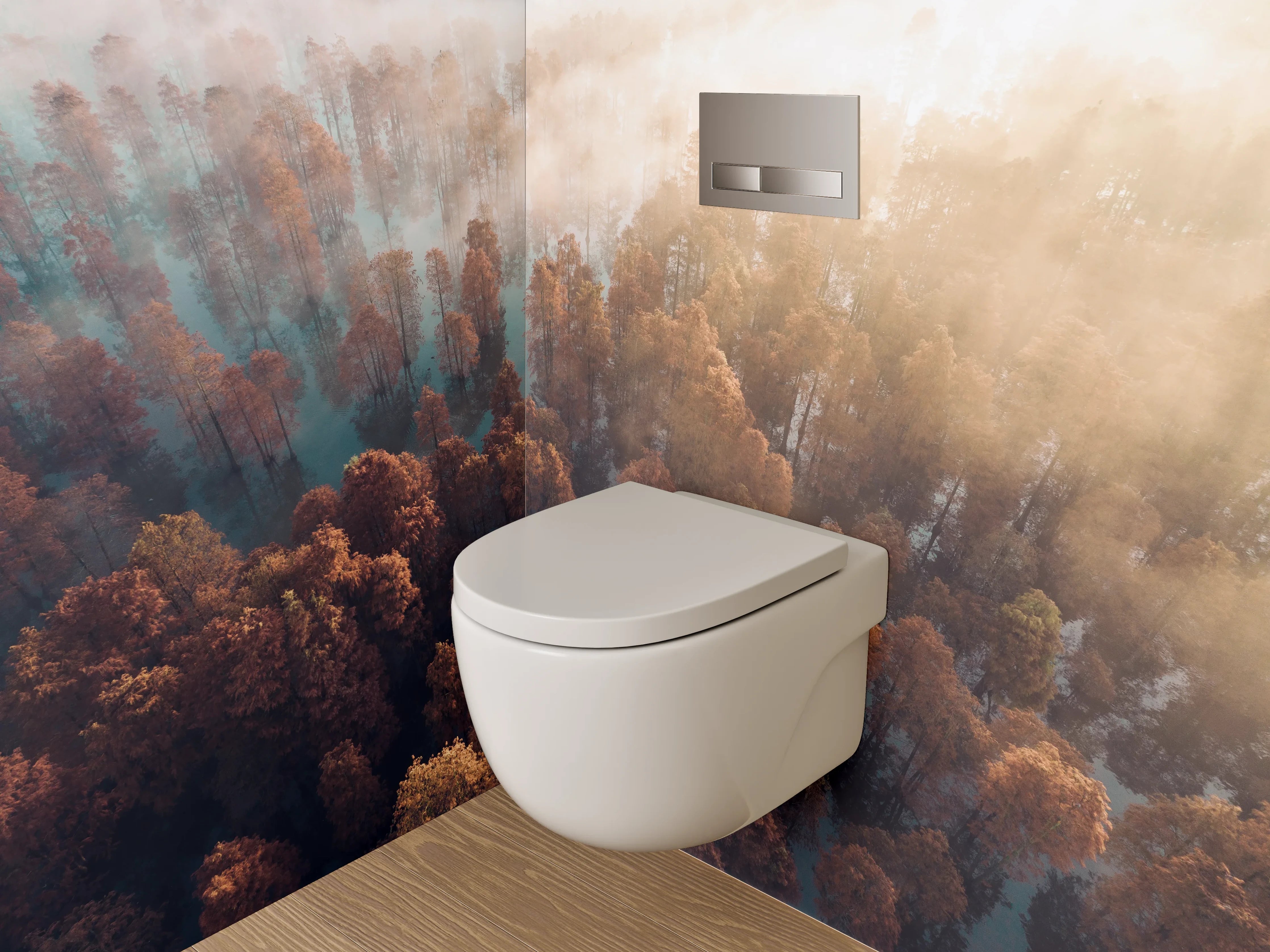 WC-Rückwand - Herbstlicher Nebelwald aus der Vogelperspektive