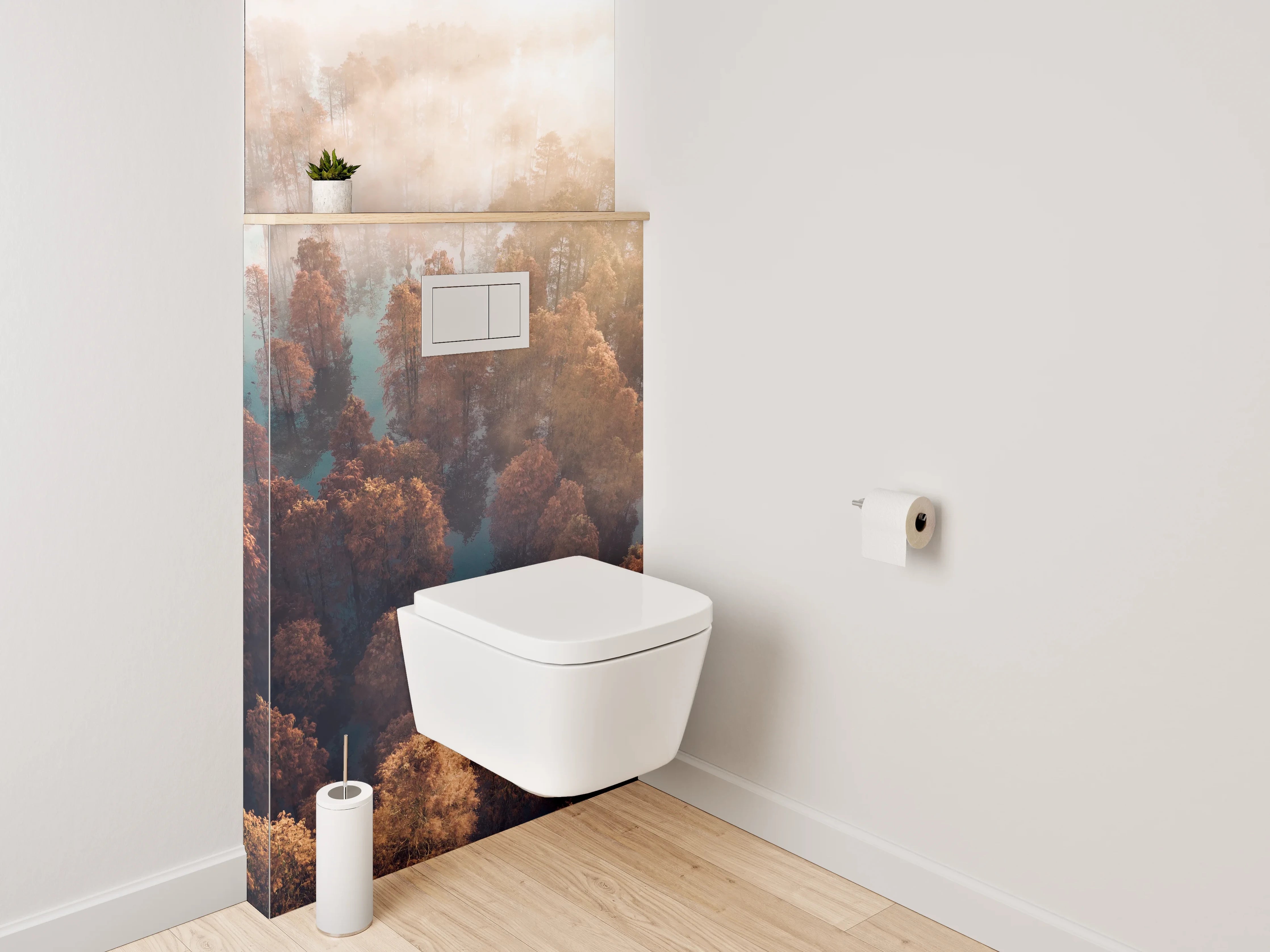 WC-Rückwand - Herbstlicher Nebelwald aus der Vogelperspektive
