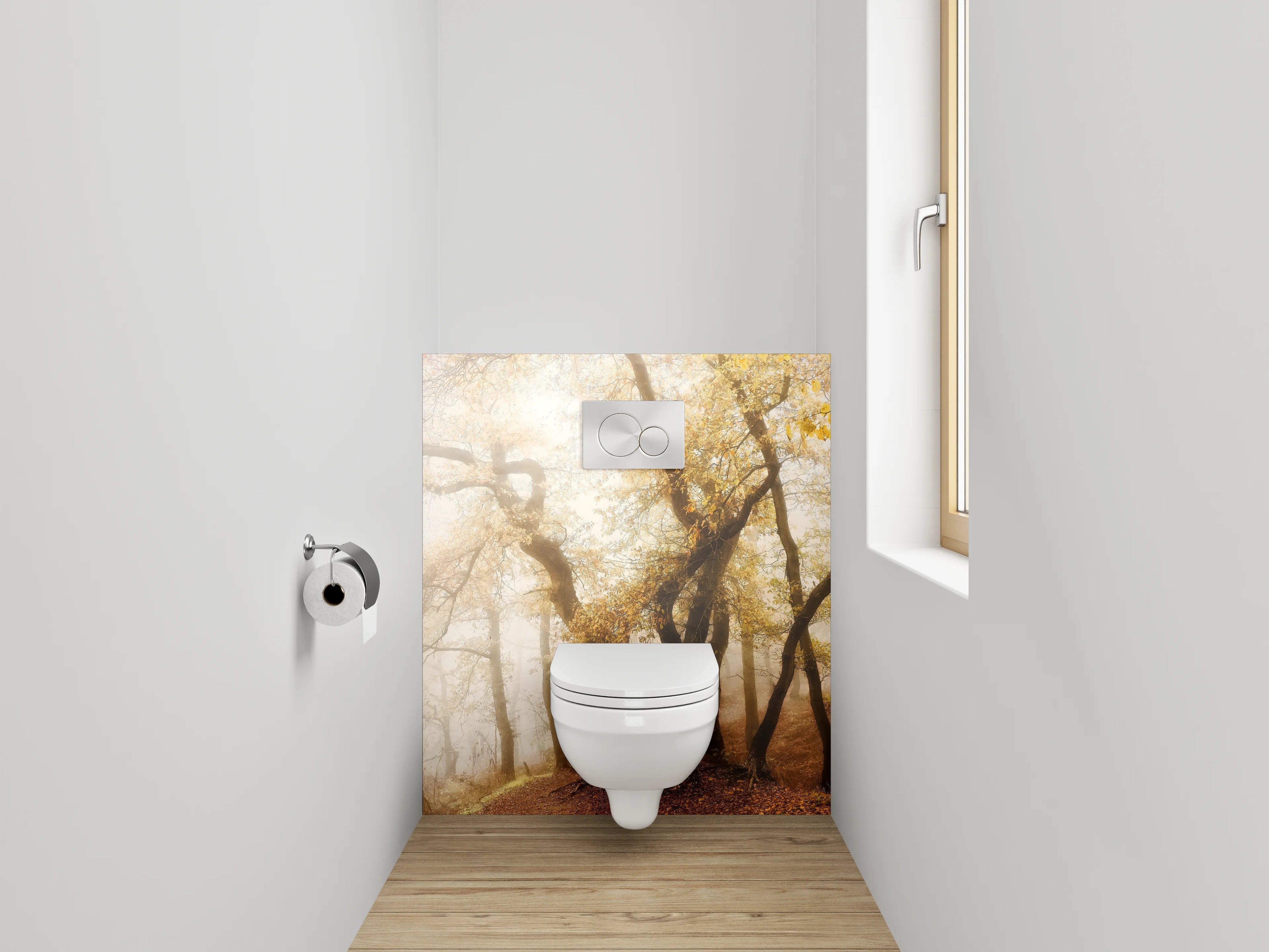 WC-Rückwand - Herbstlicher Nebelwald im Morgenlicht