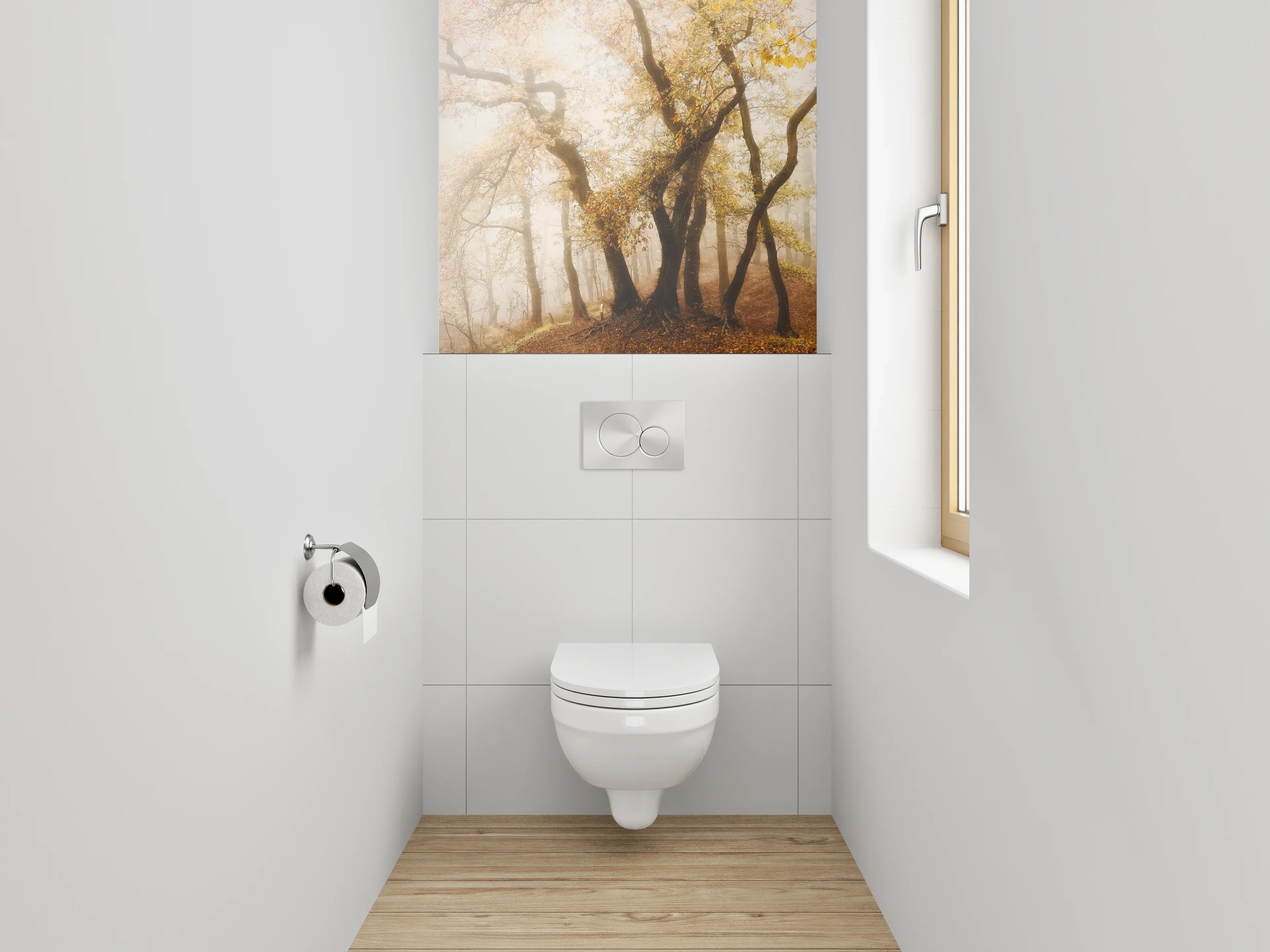 WC-Rückwand - Herbstlicher Nebelwald im Morgenlicht