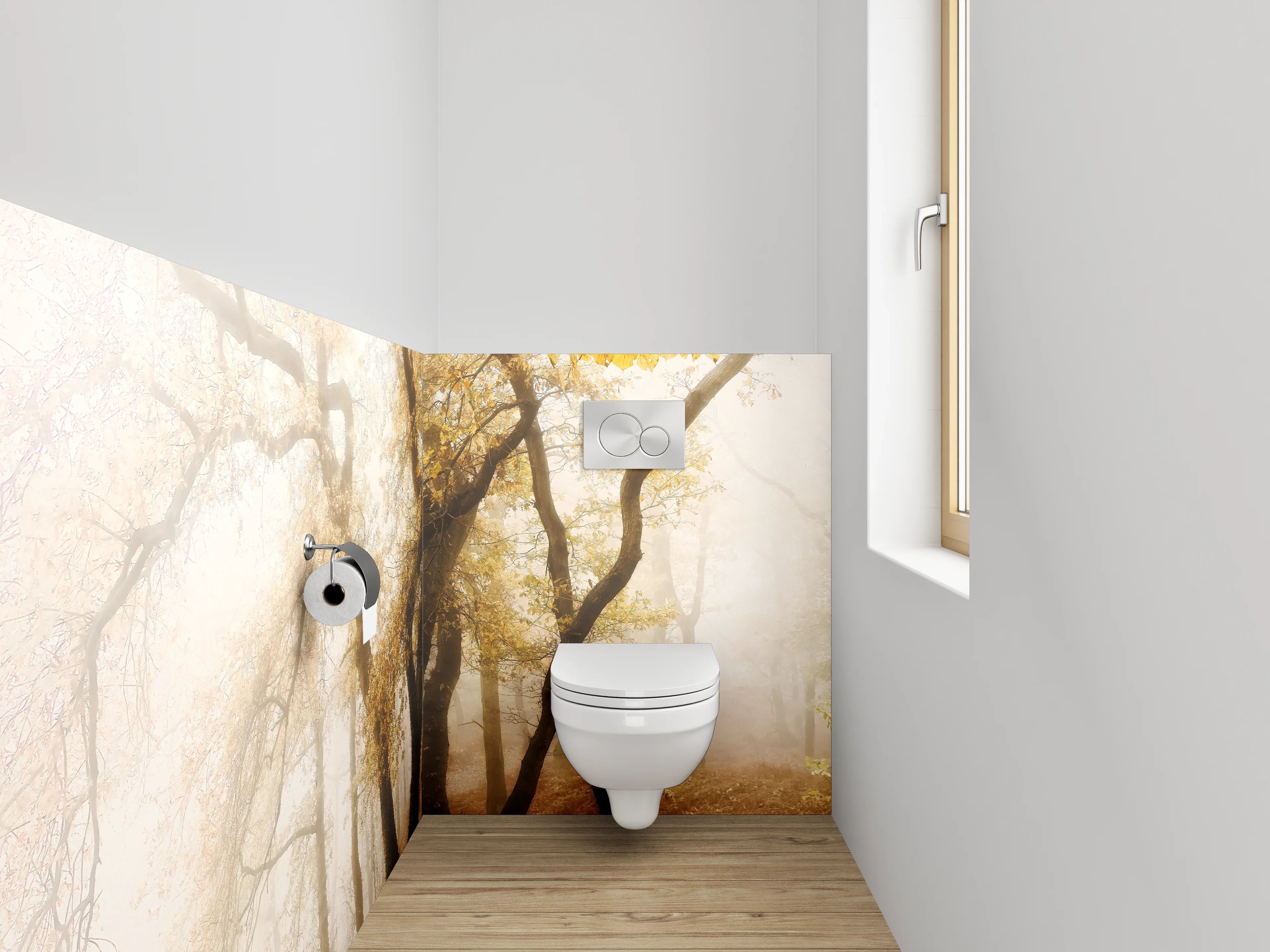 WC-Rückwand - Herbstlicher Nebelwald im Morgenlicht