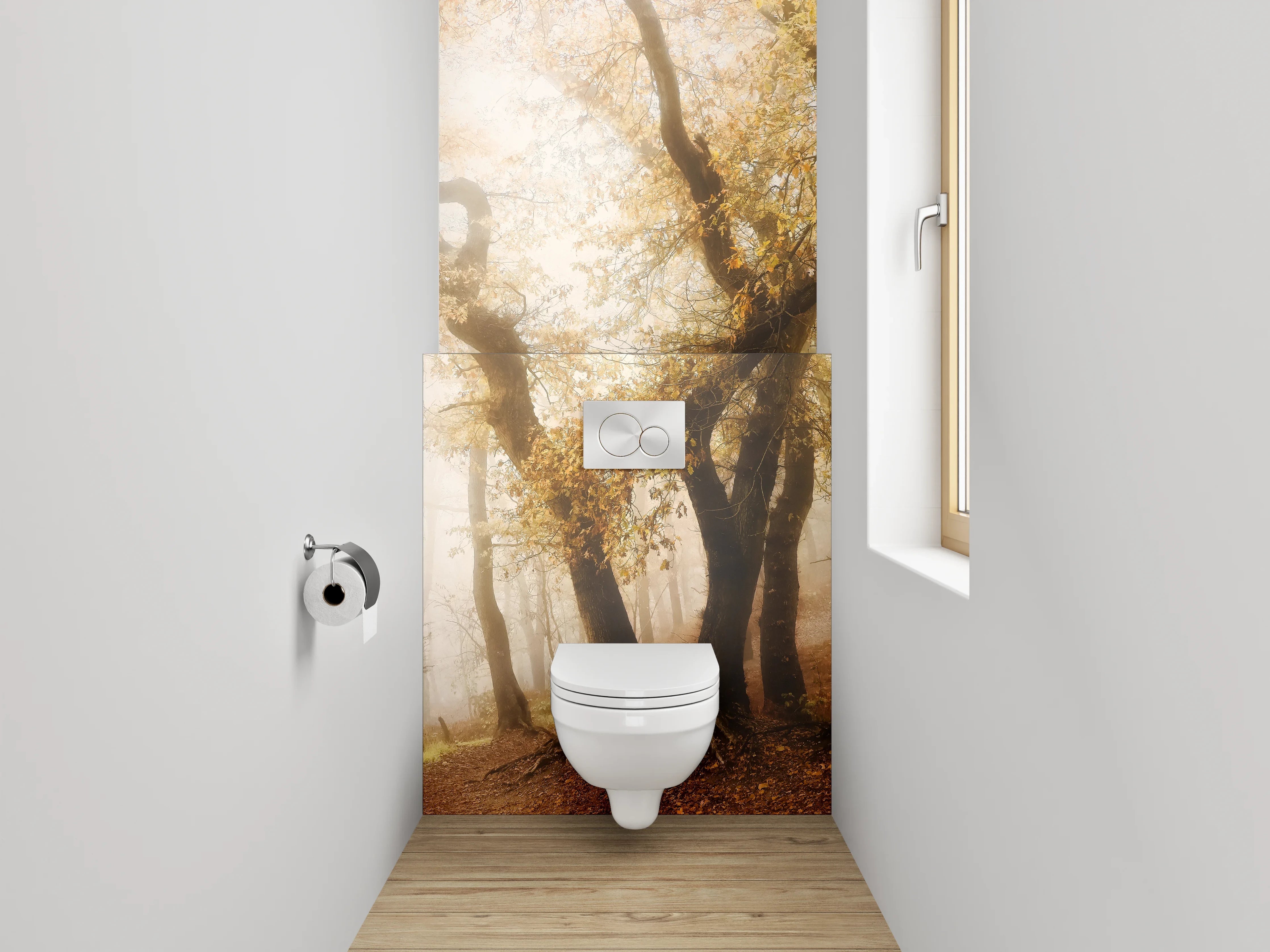 WC-Rückwand - Herbstlicher Nebelwald im Morgenlicht