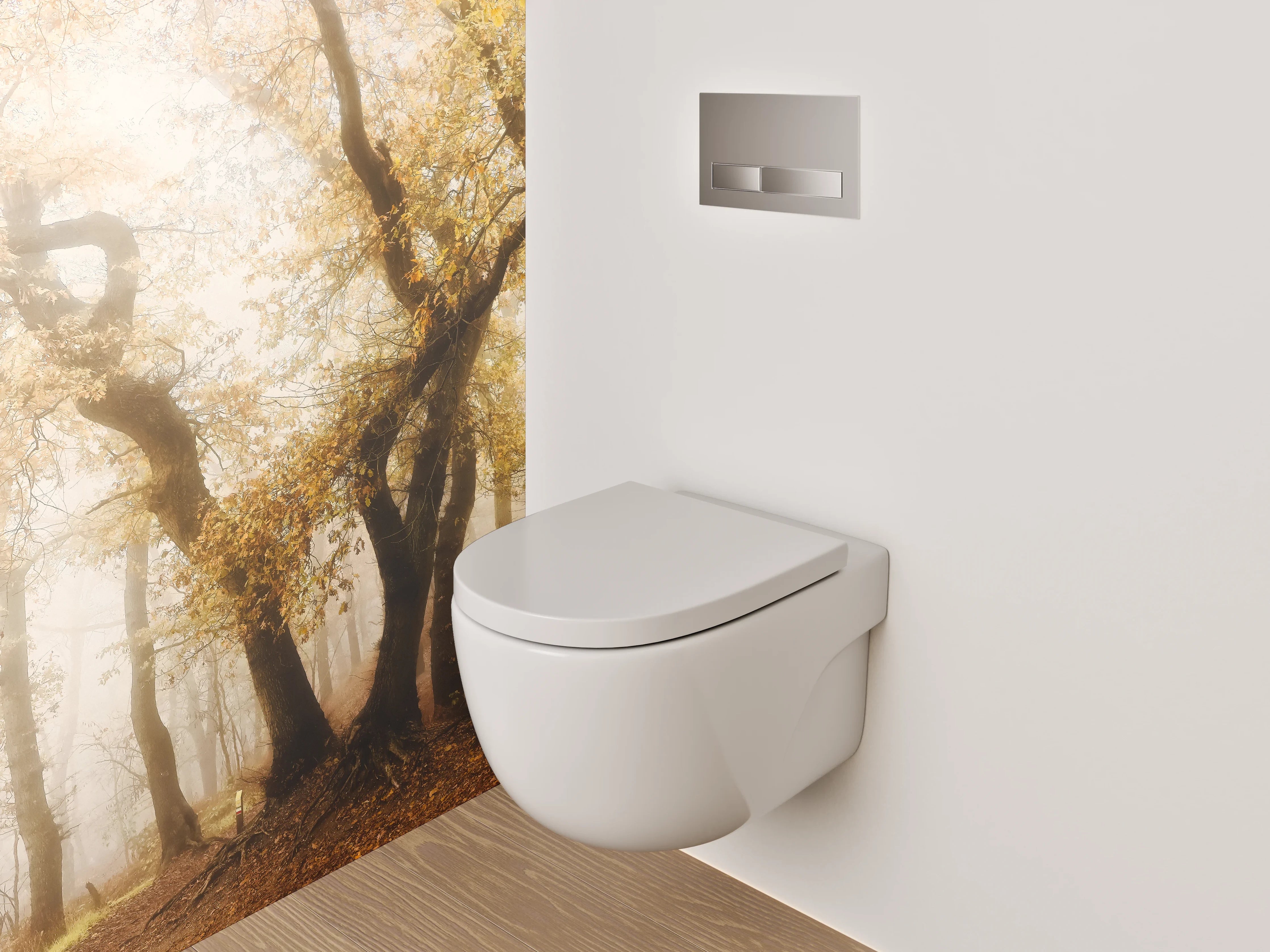 WC-Rückwand - Herbstlicher Nebelwald im Morgenlicht