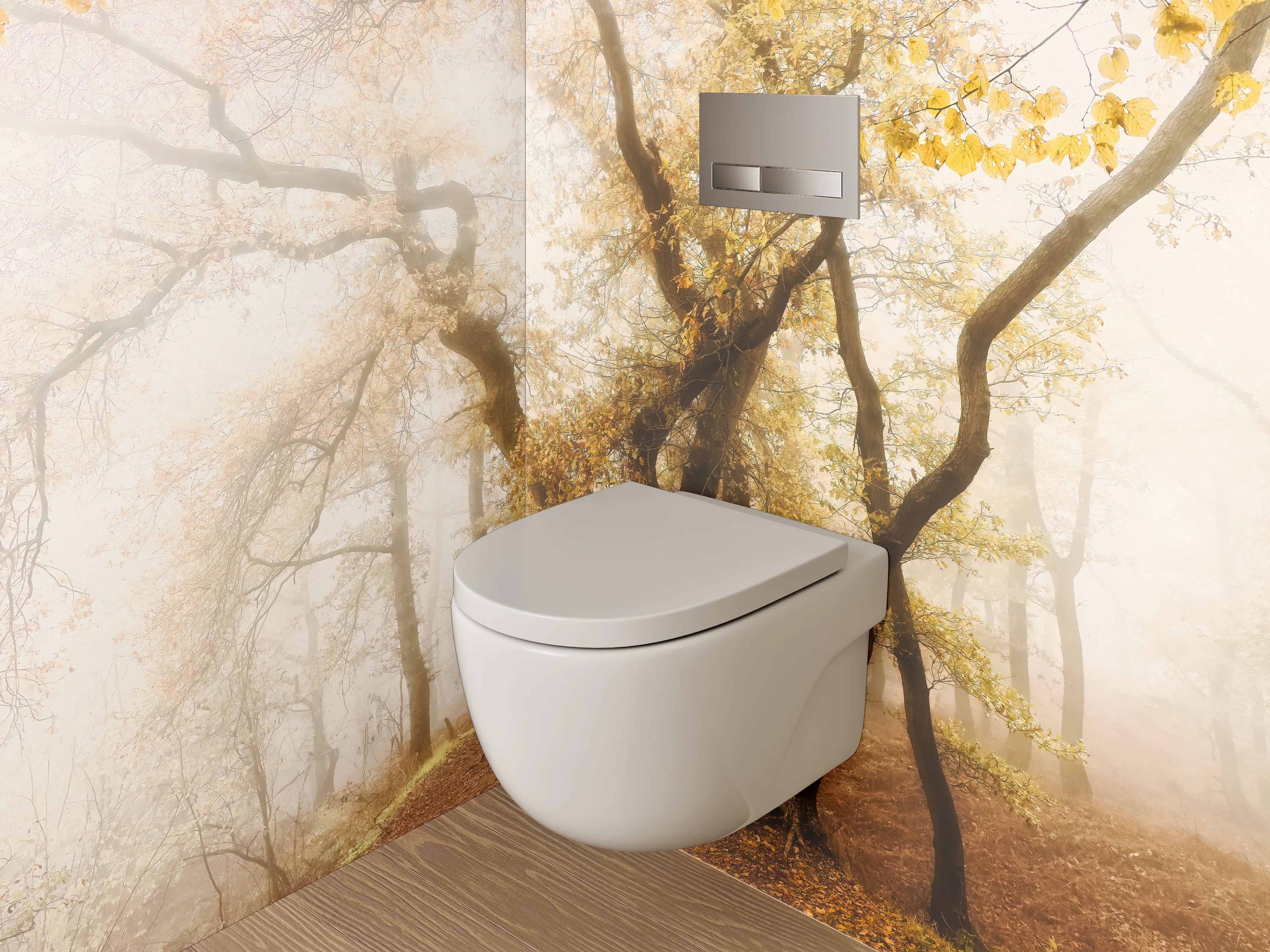 WC-Rückwand - Herbstlicher Nebelwald im Morgenlicht