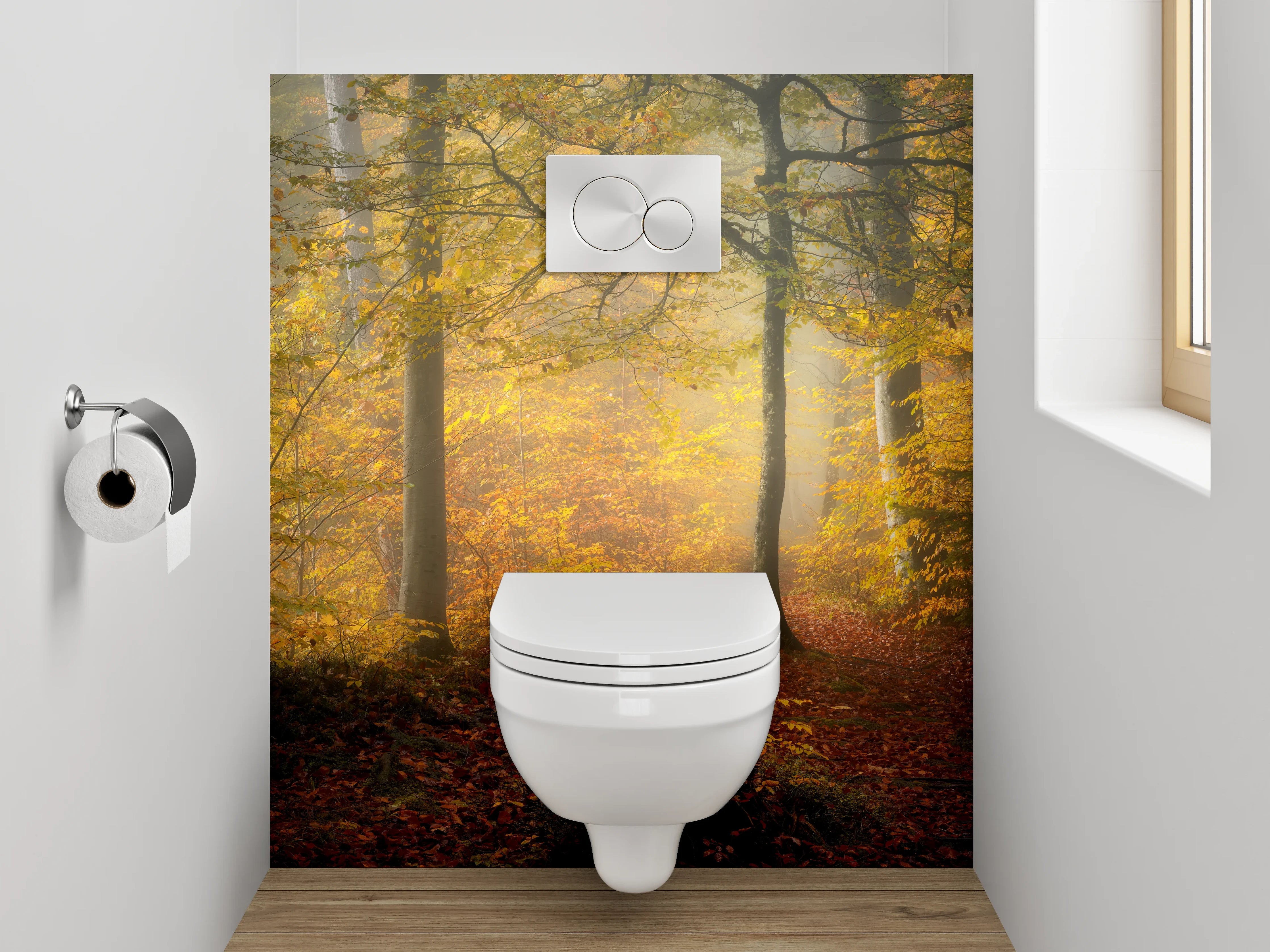 WC-Rückwand - Herbstlicher Wald im Morgenlicht