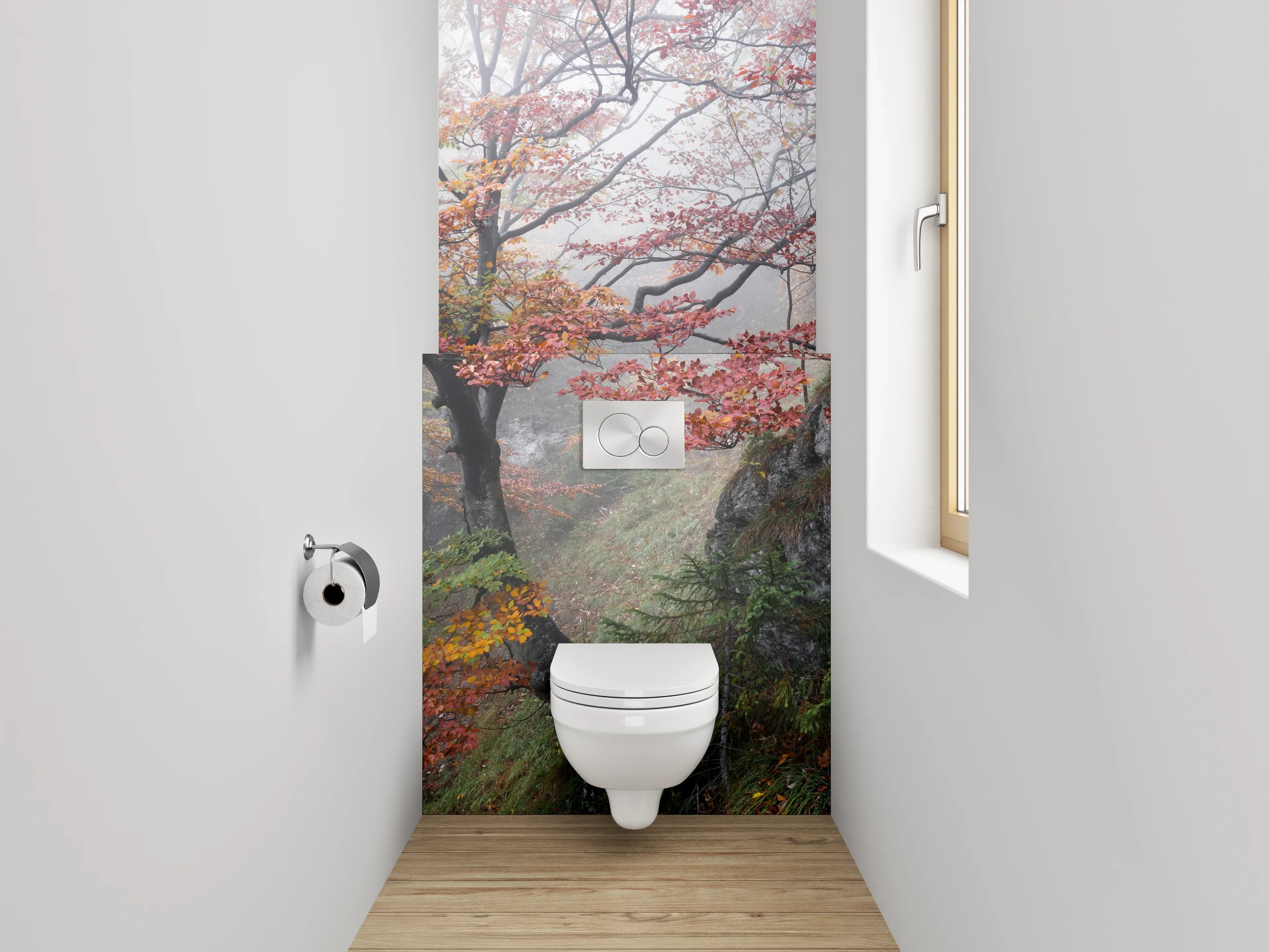 WC-Rückwand - Herbstlicher Wald im Nebel