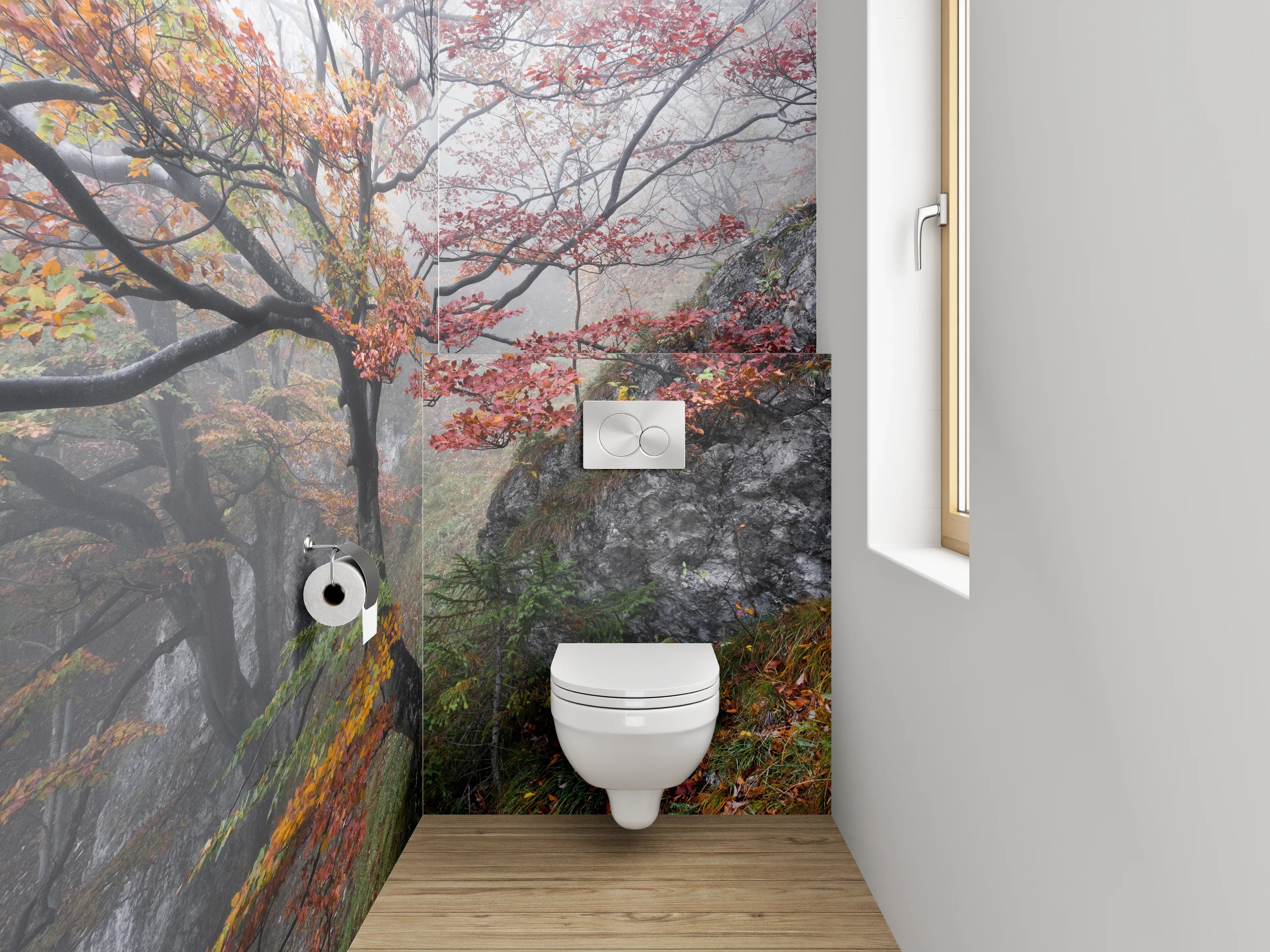 WC-Rückwand - Herbstlicher Wald im Nebel
