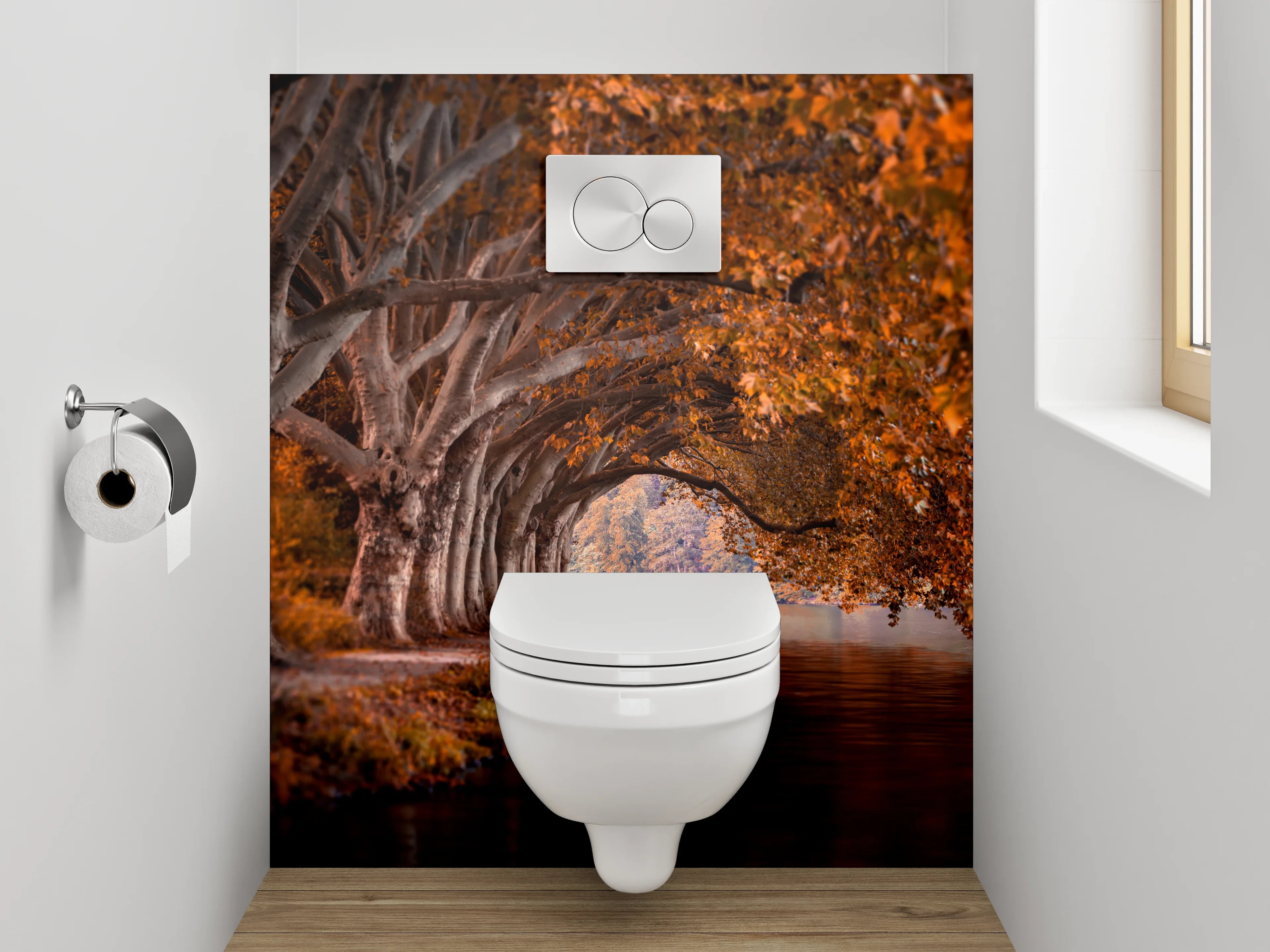 WC-Rückwand - Herbstlicher Waldweg am Flussufer