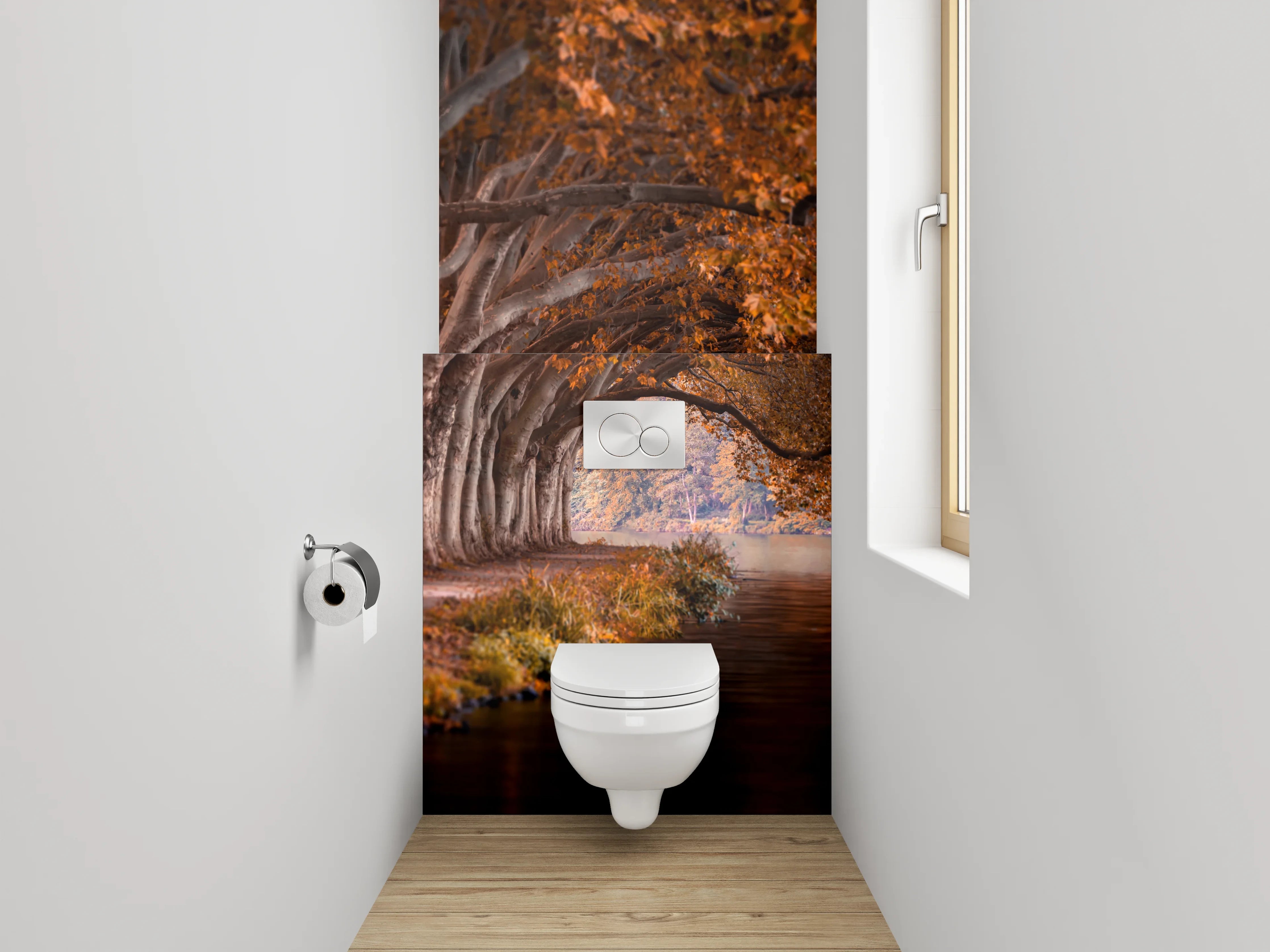 WC-Rückwand - Herbstlicher Waldweg am Flussufer