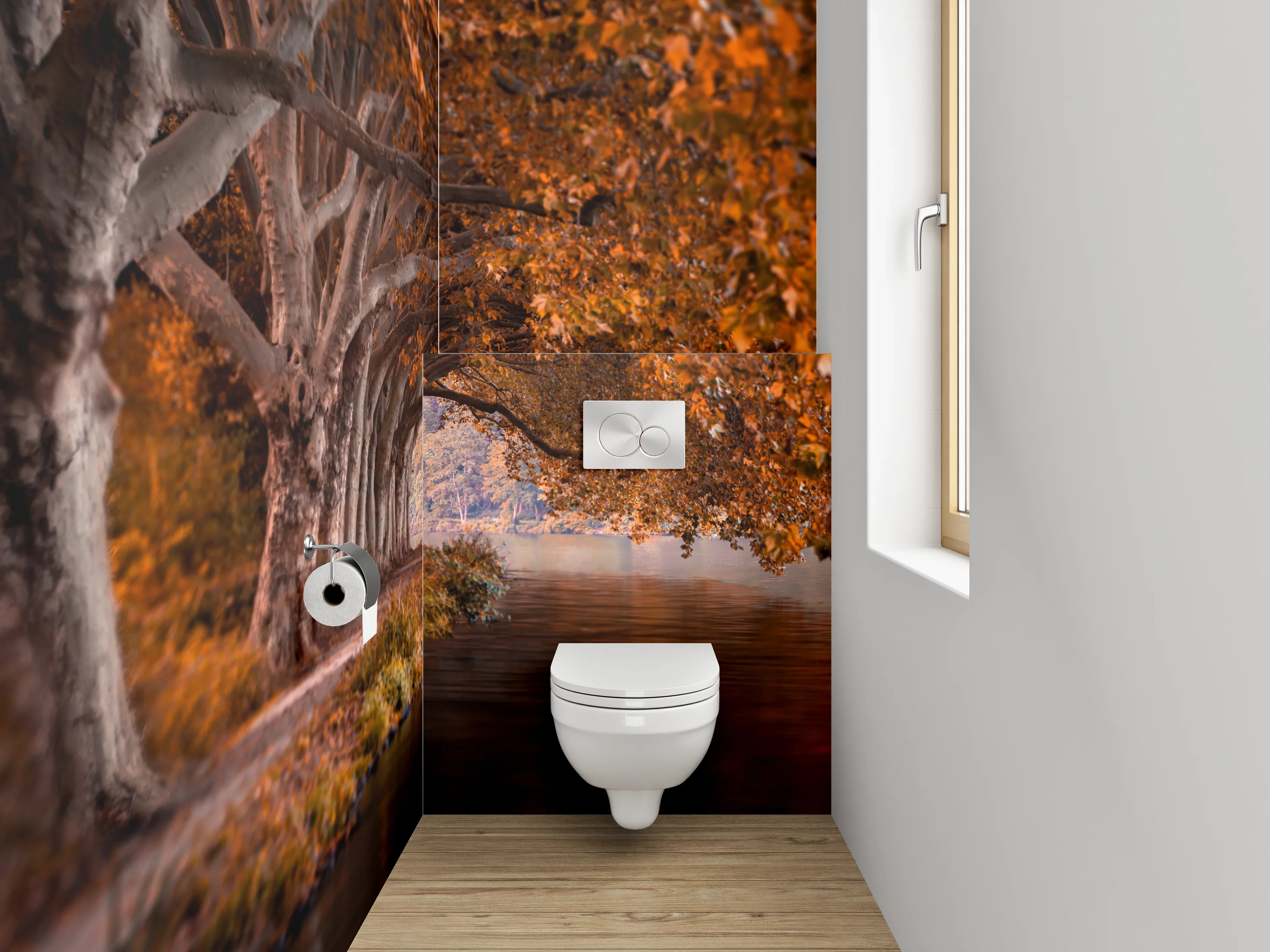WC-Rückwand - Herbstlicher Waldweg am Flussufer