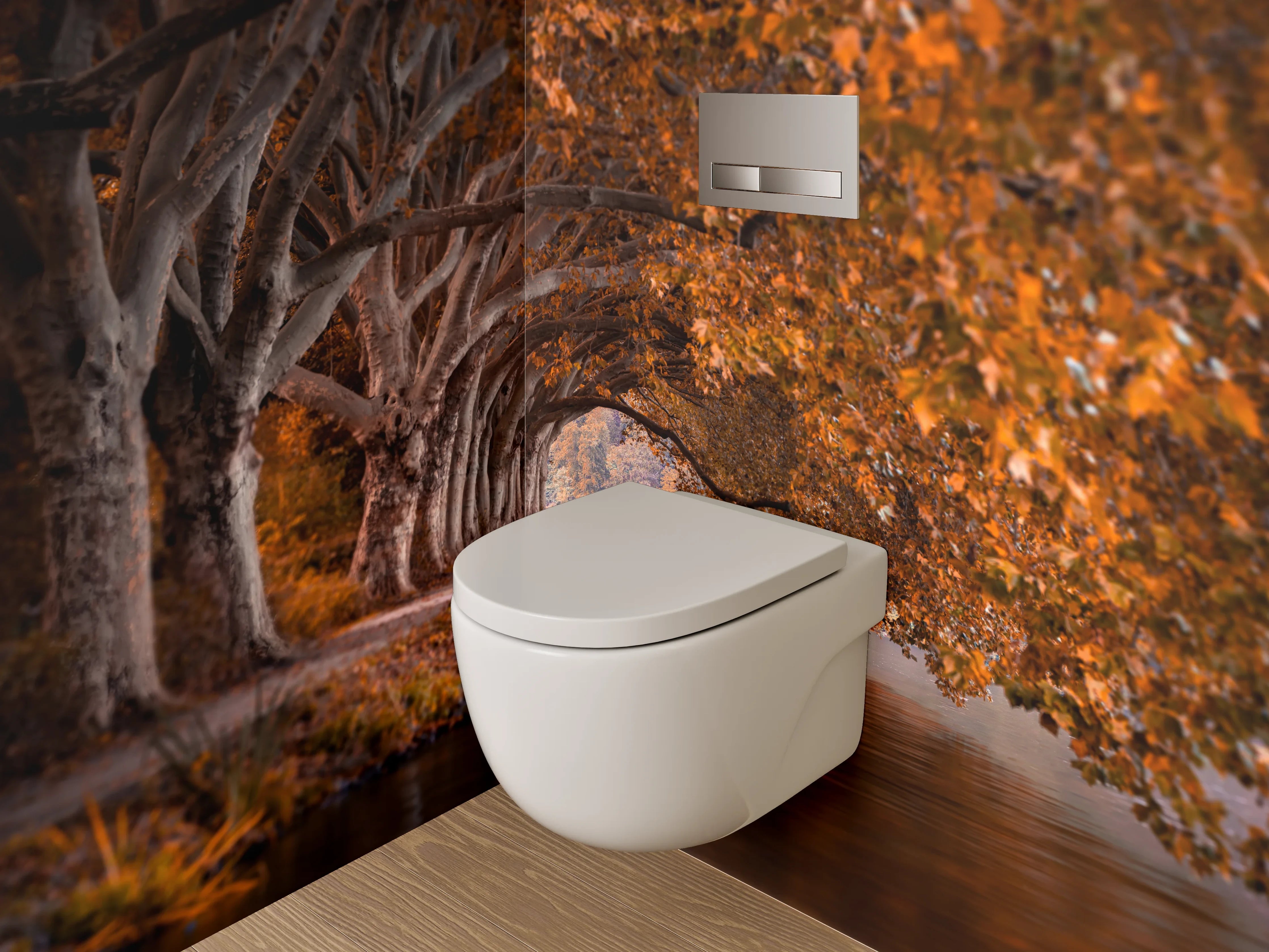 WC-Rückwand - Herbstlicher Waldweg am Flussufer