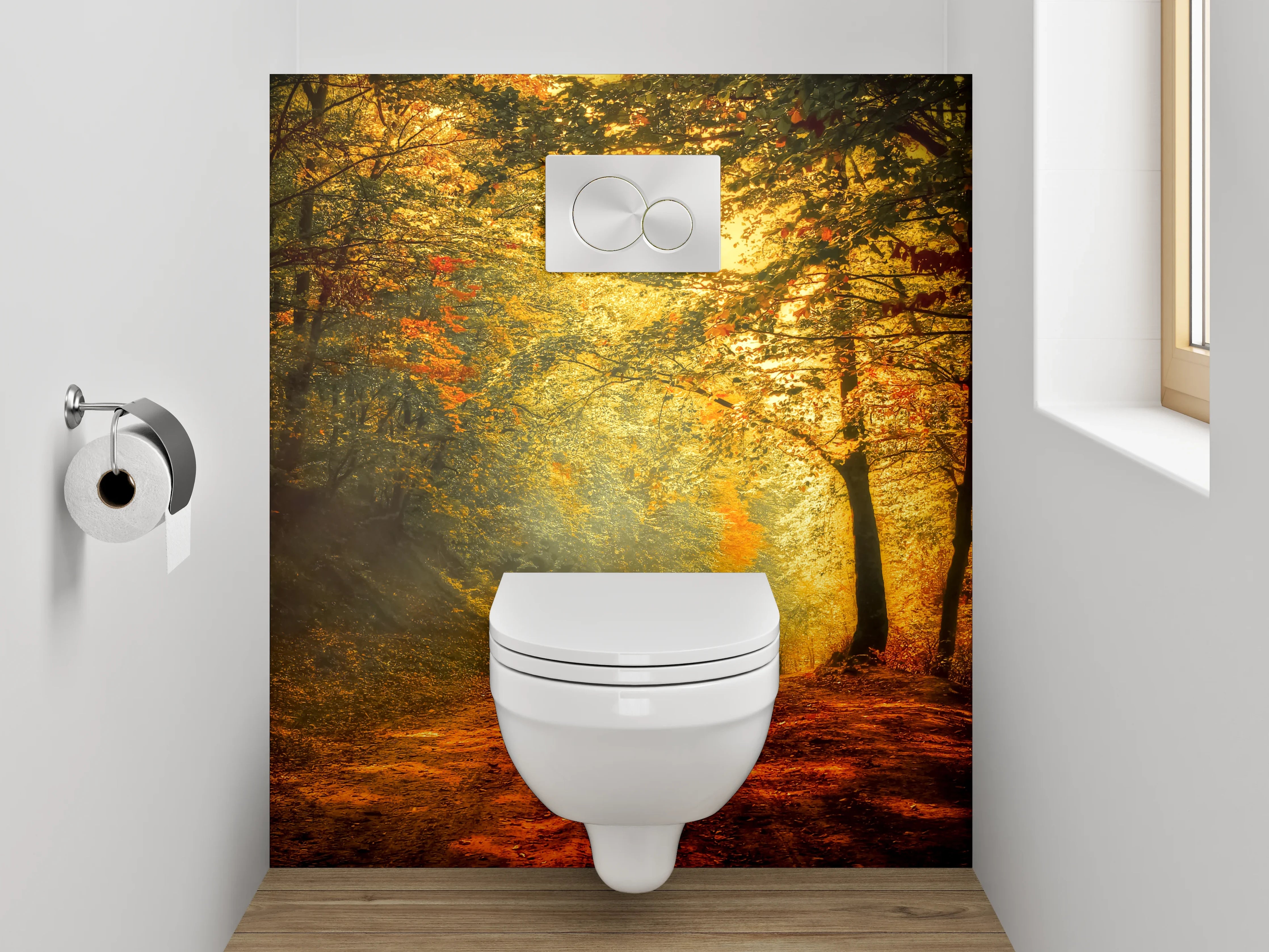 WC-Rückwand - Herbstlicher Waldweg mit Sonnenlicht