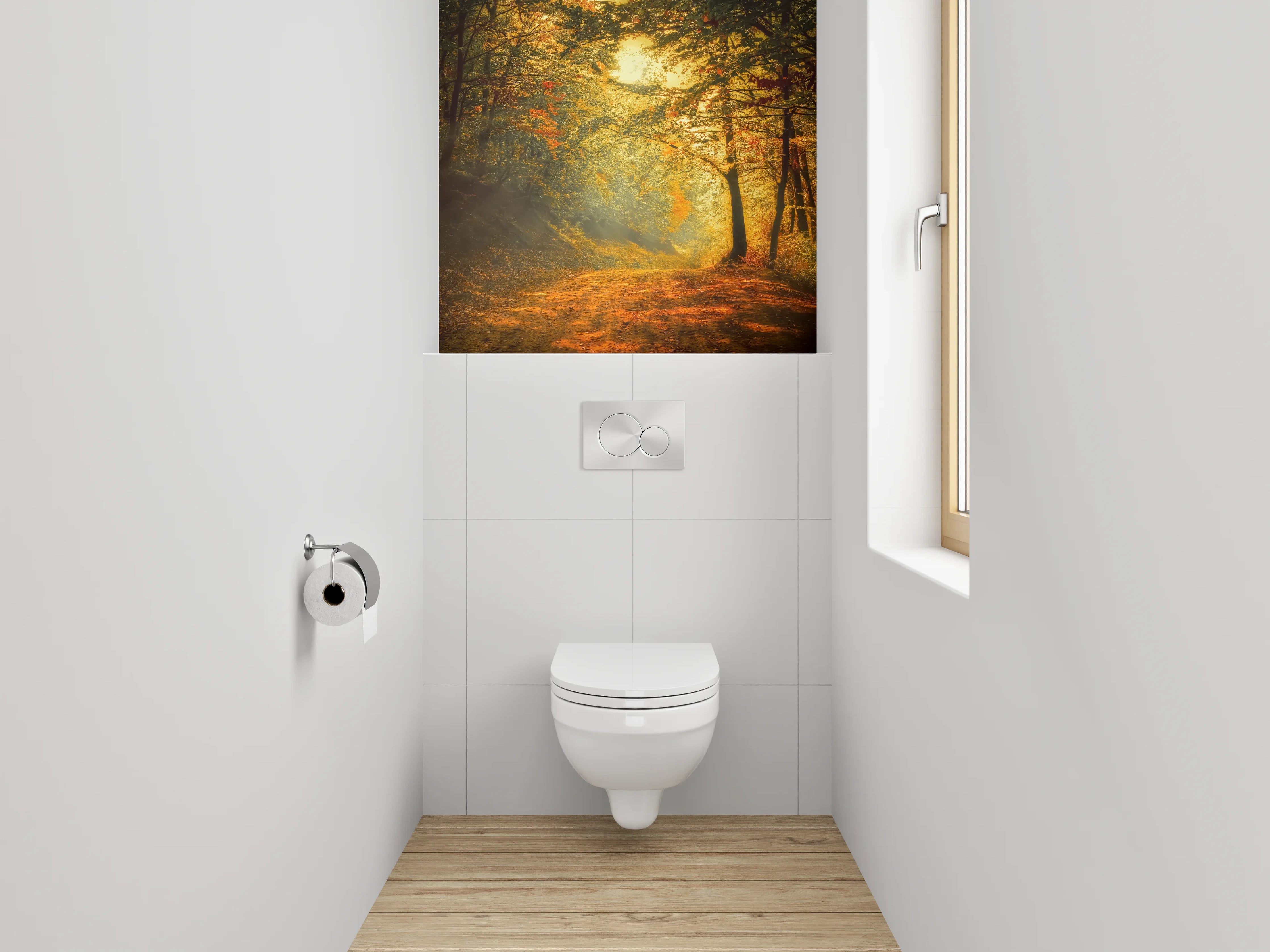 WC-Rückwand - Herbstlicher Waldweg mit Sonnenlicht