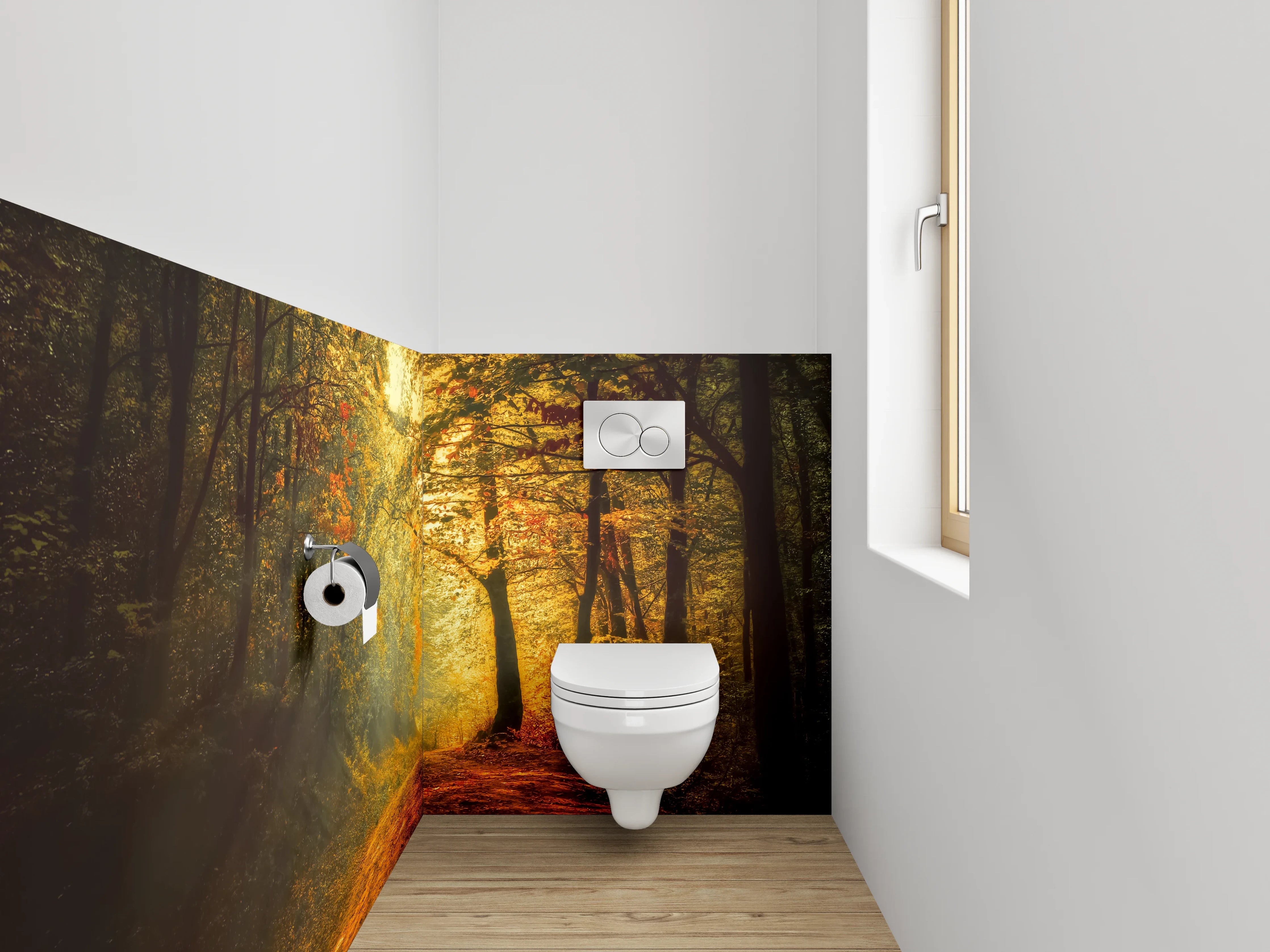 WC-Rückwand - Herbstlicher Waldweg mit Sonnenlicht
