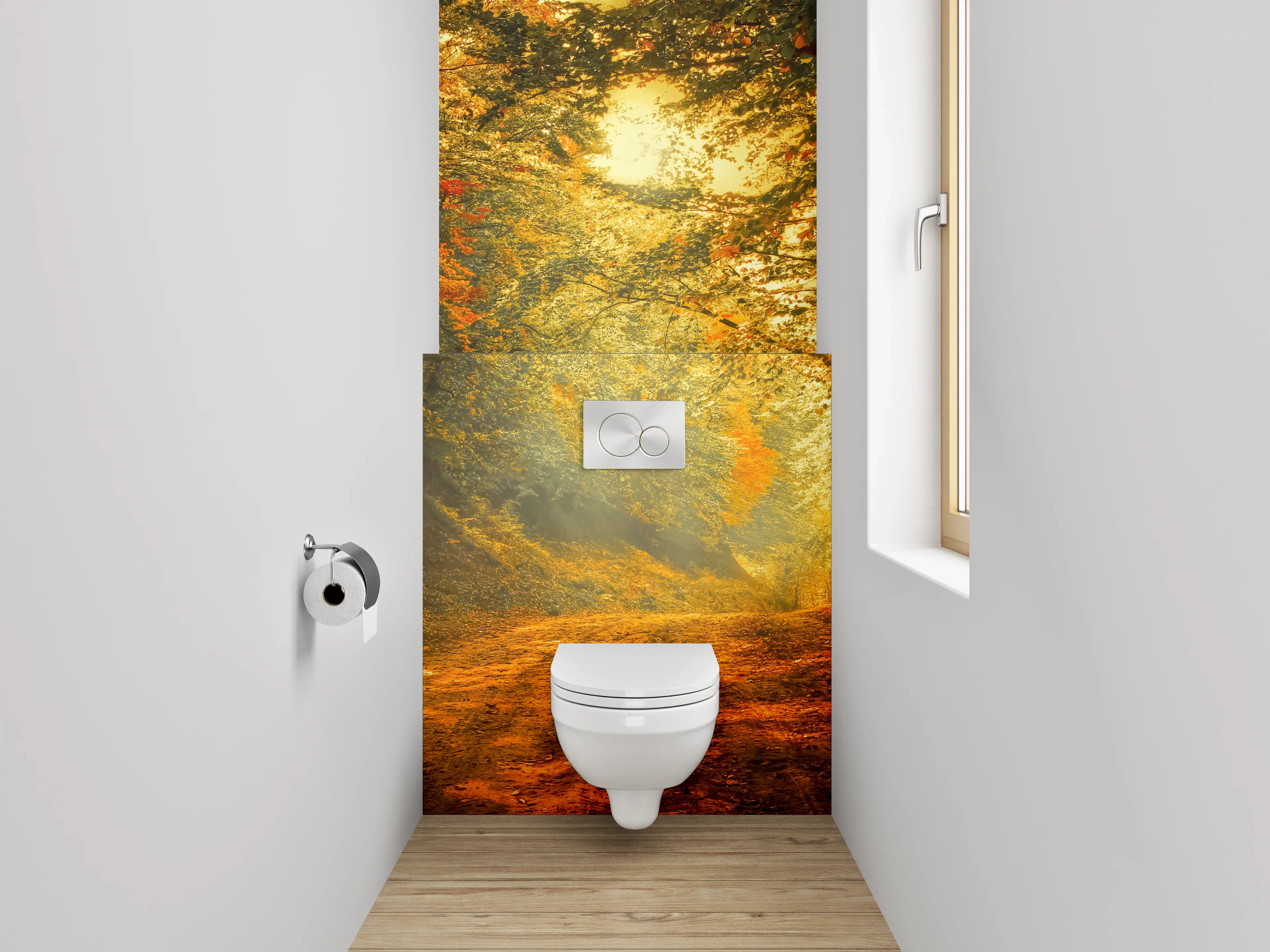 WC-Rückwand - Herbstlicher Waldweg mit Sonnenlicht