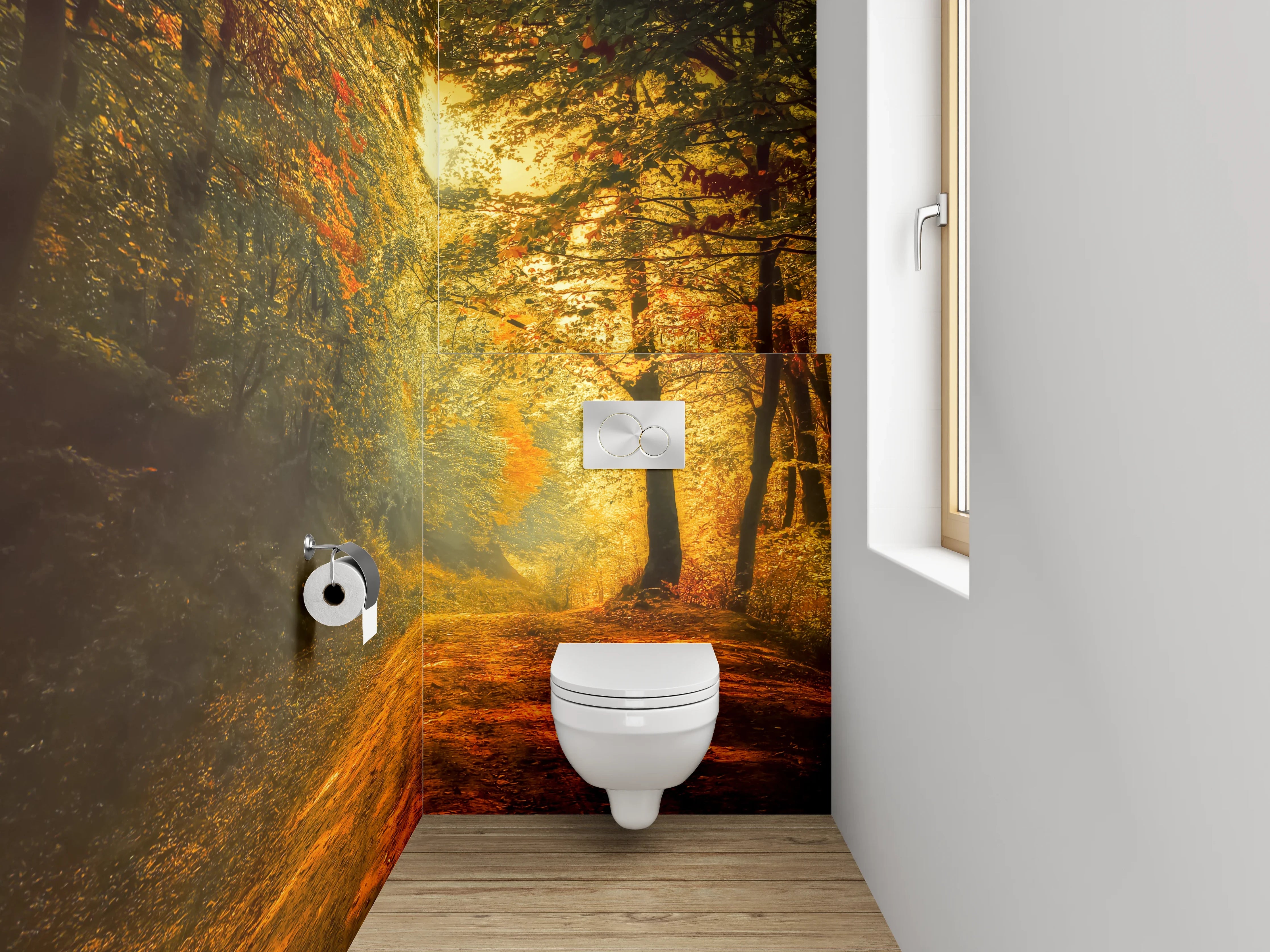 WC-Rückwand - Herbstlicher Waldweg mit Sonnenlicht