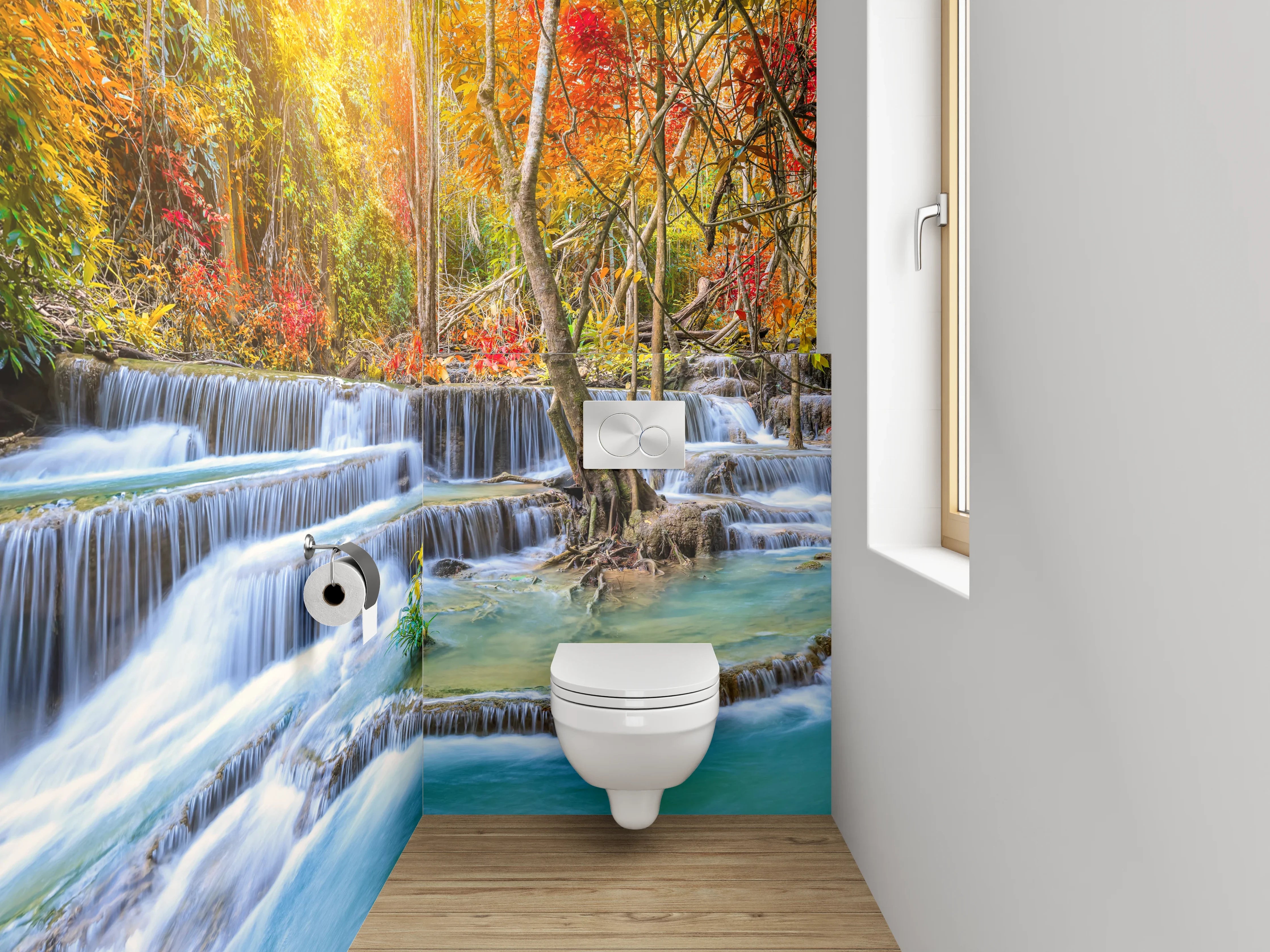 WC-Rückwand - Herbstlicher Wasserfall im Wald