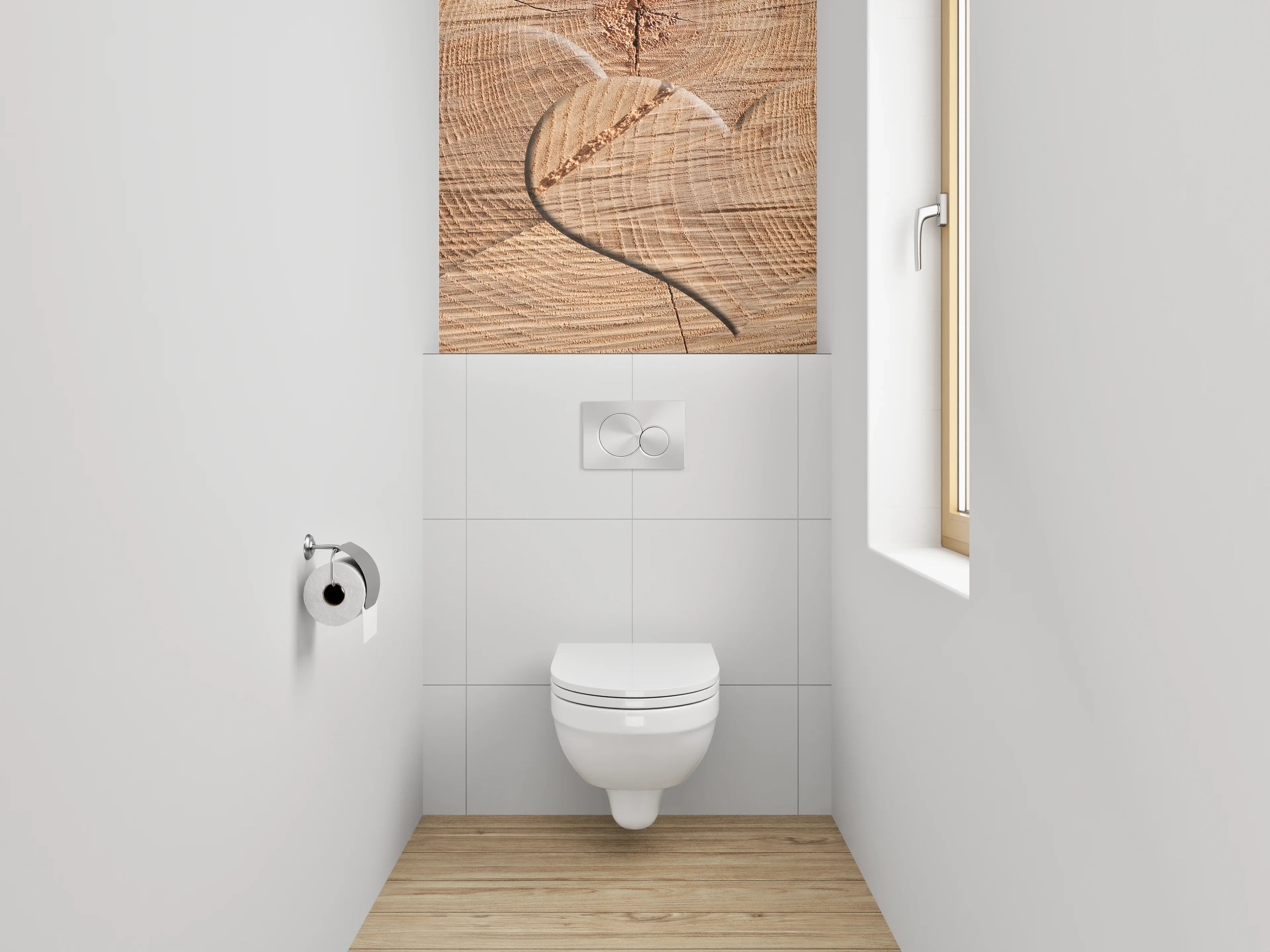 WC-Rückwand - Herz aus Holz auf Naturholzuntergrund