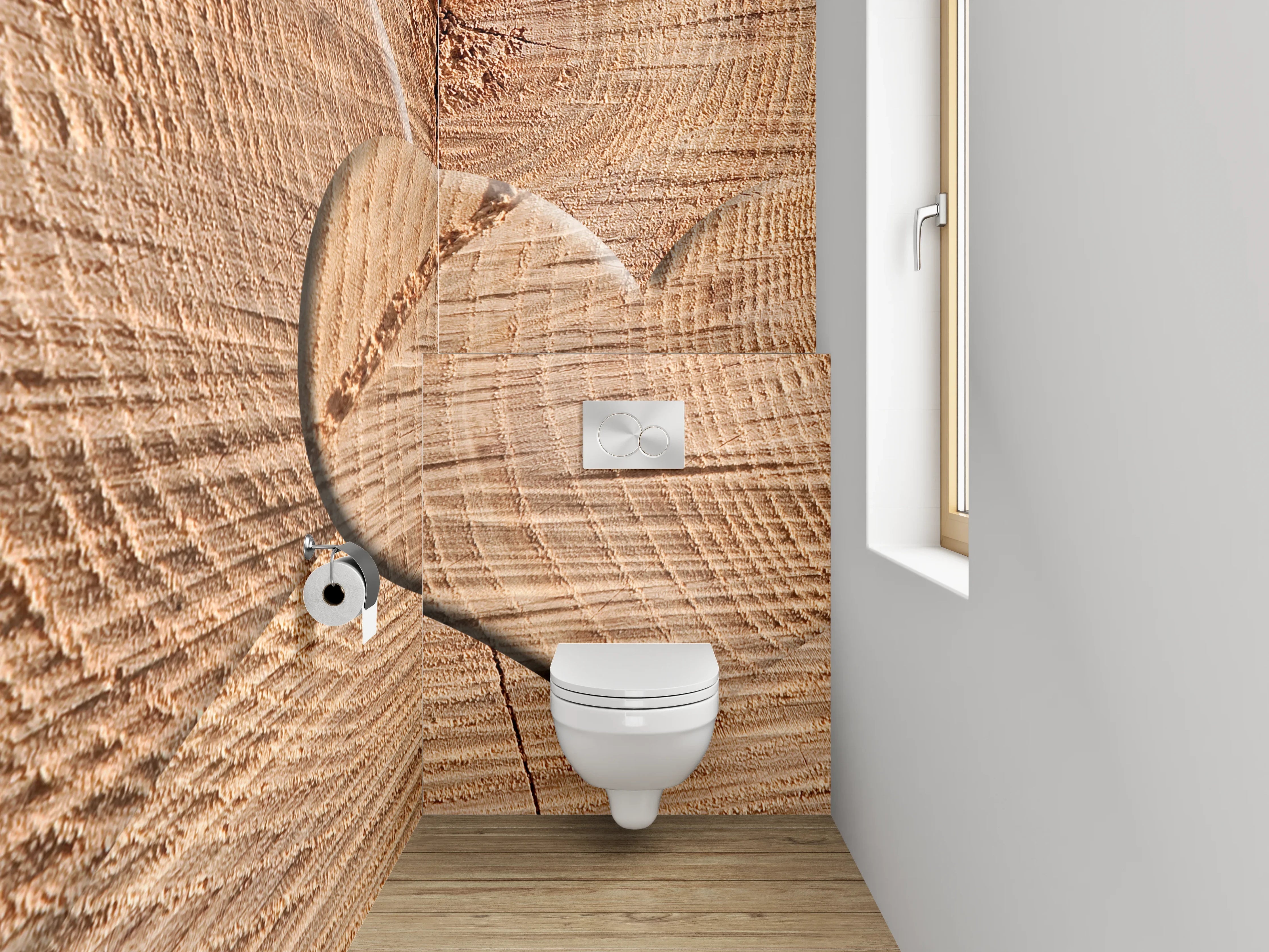 WC-Rückwand - Herz aus Holz auf Naturholzuntergrund