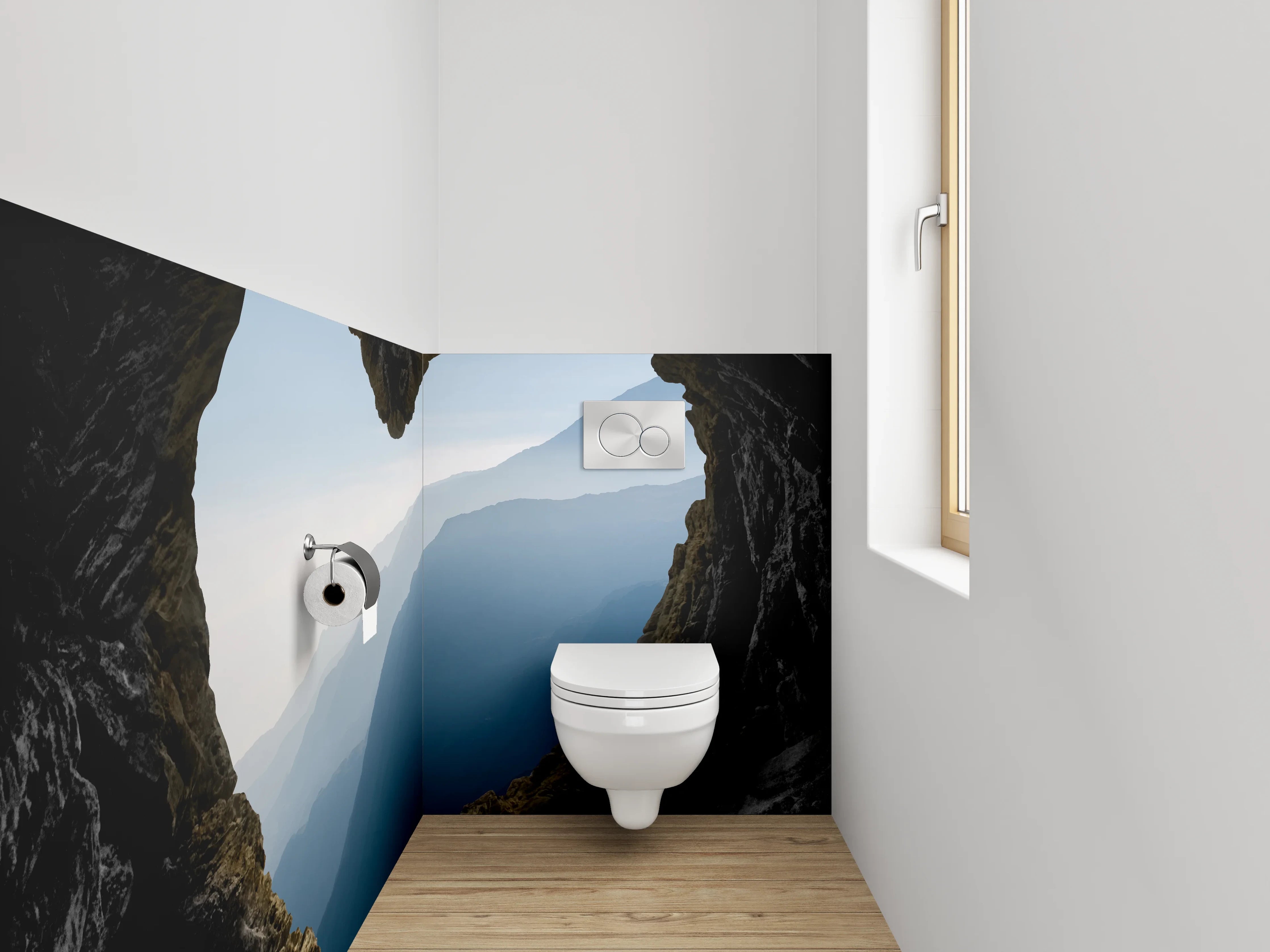 WC-Rückwand - Herzhöhle mit Bergblick