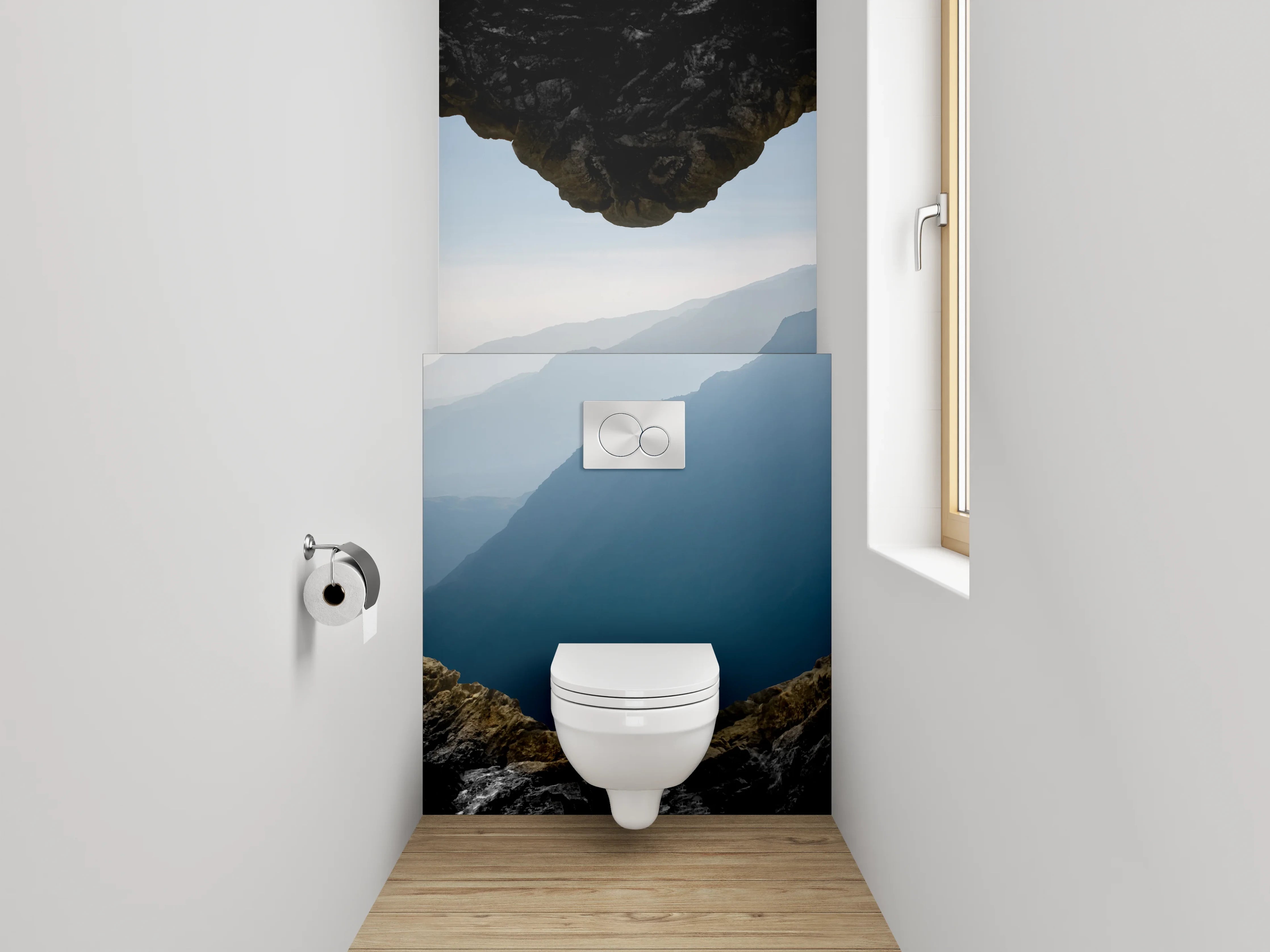 WC-Rückwand - Herzhöhle mit Bergblick