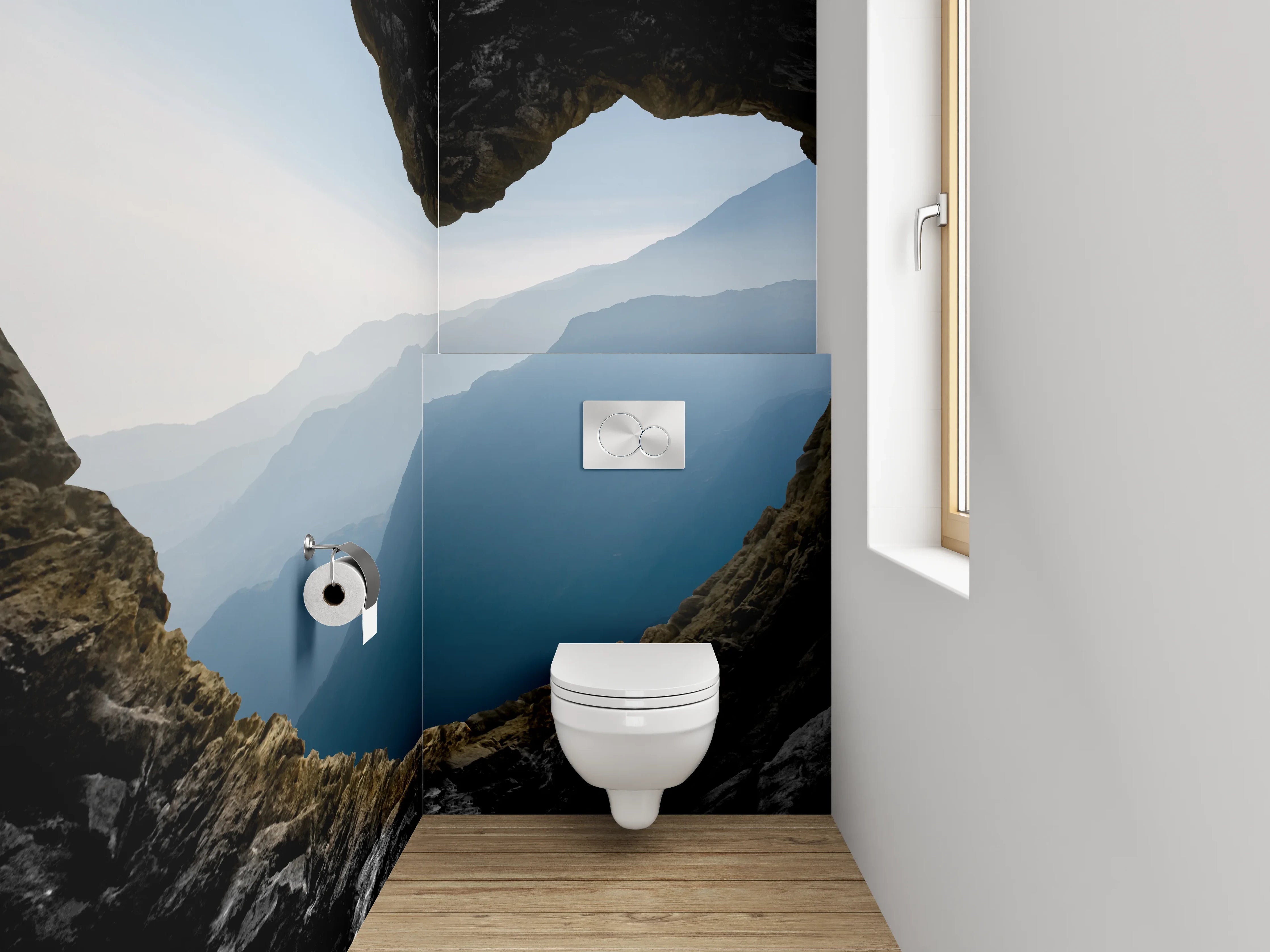 WC-Rückwand - Herzhöhle mit Bergblick