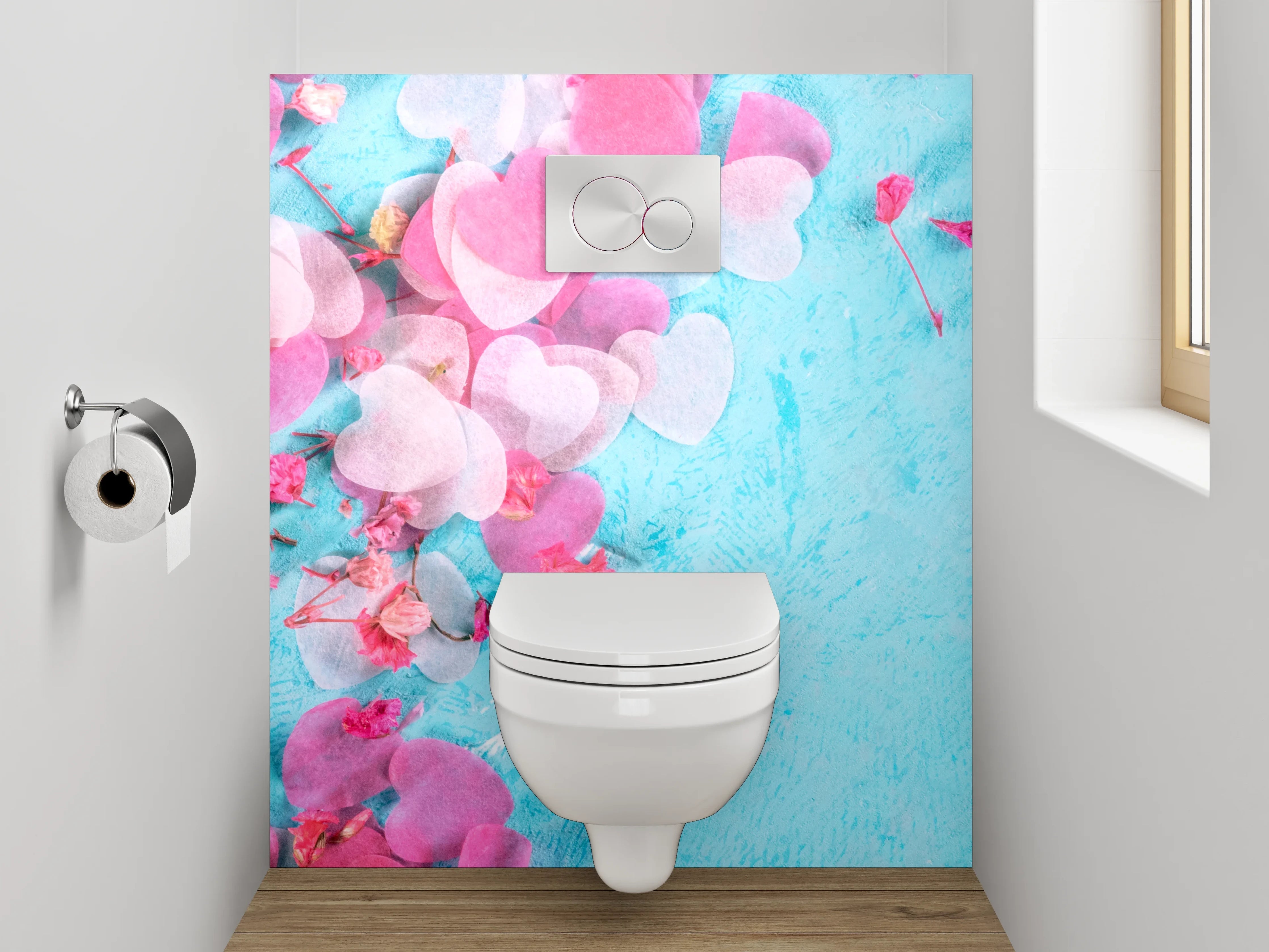 WC-Rückwand - Herzkonfetti auf Türkis