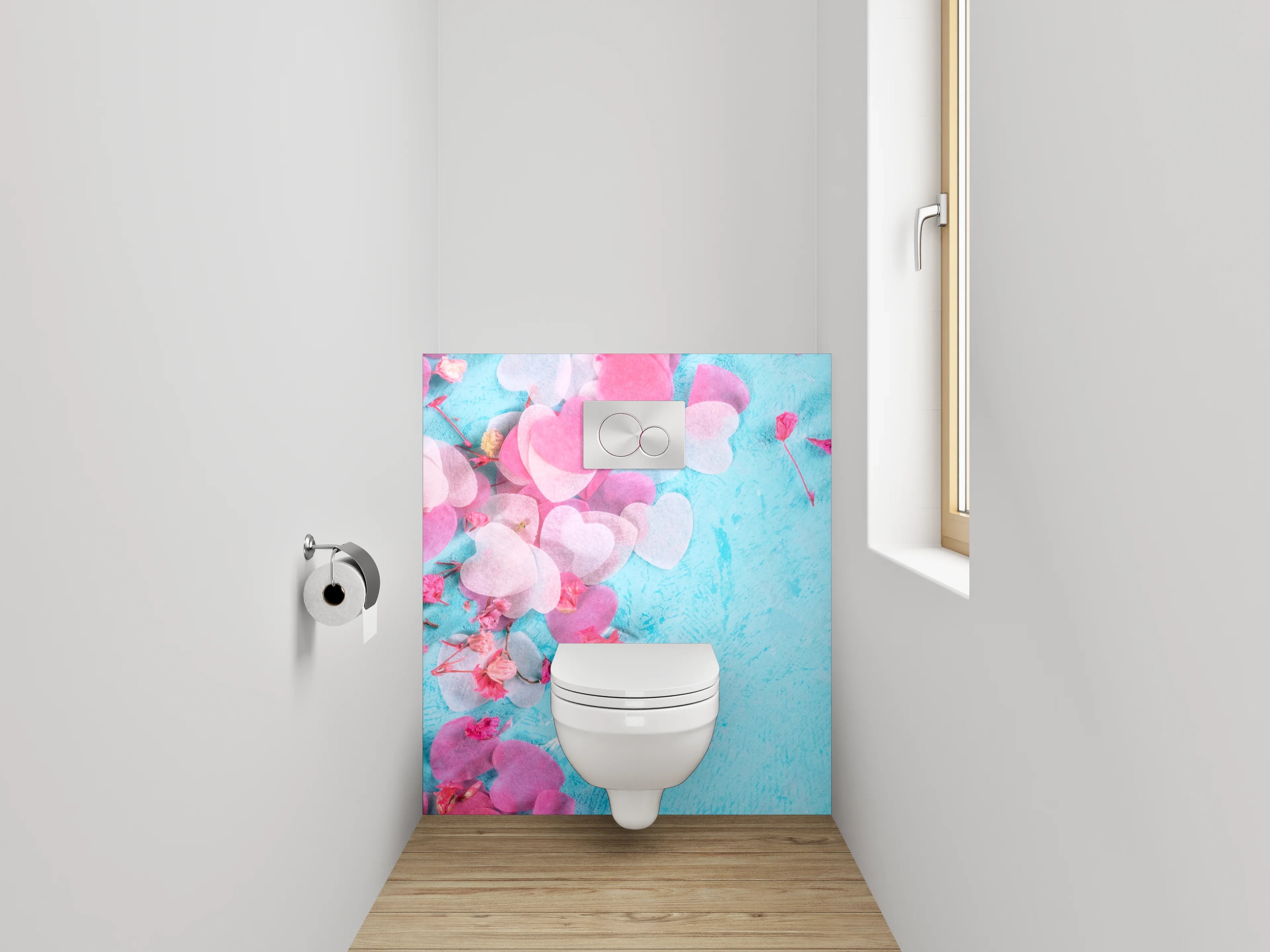 WC-Rückwand - Herzkonfetti auf Türkis