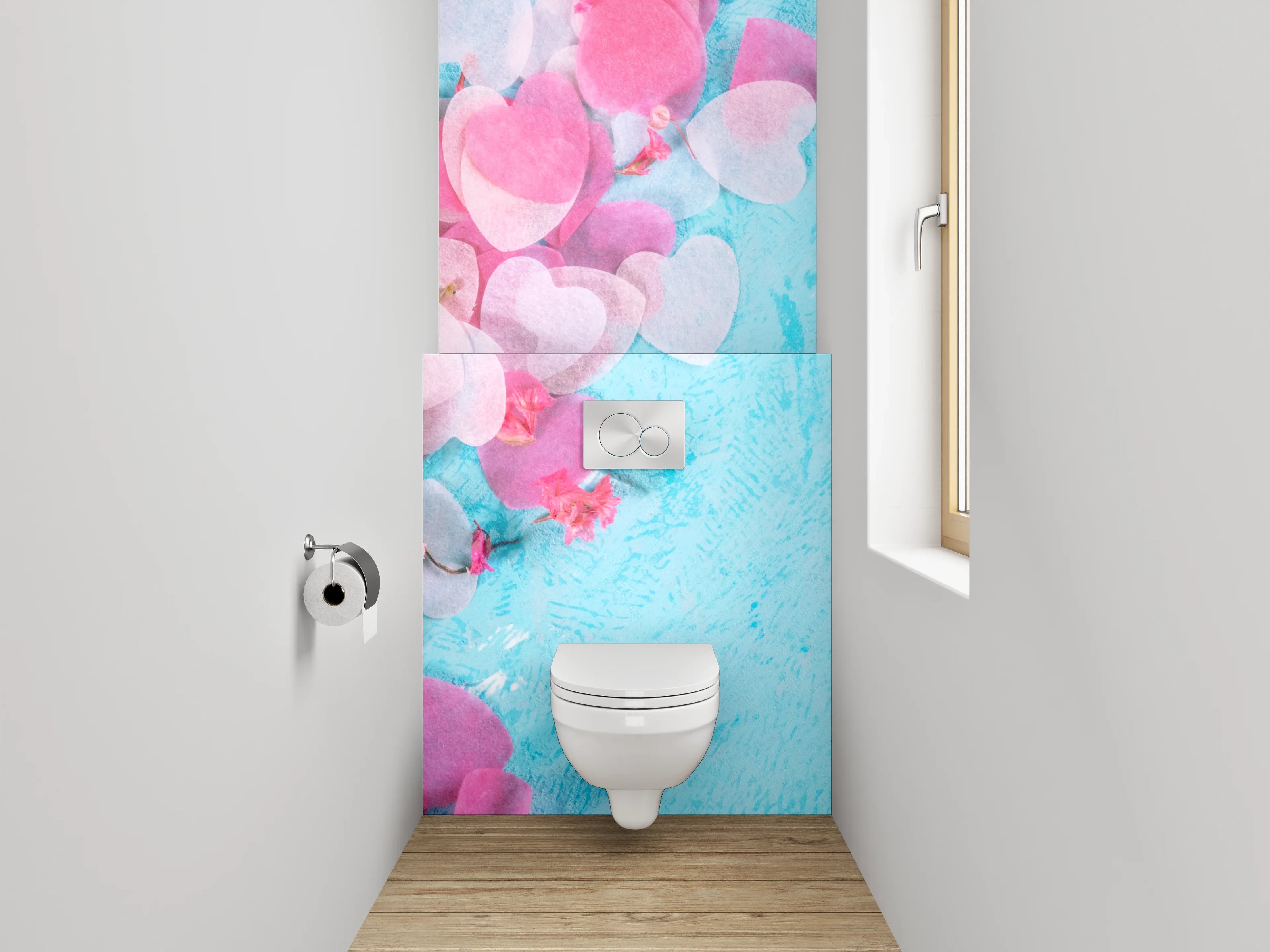 WC-Rückwand - Herzkonfetti auf Türkis