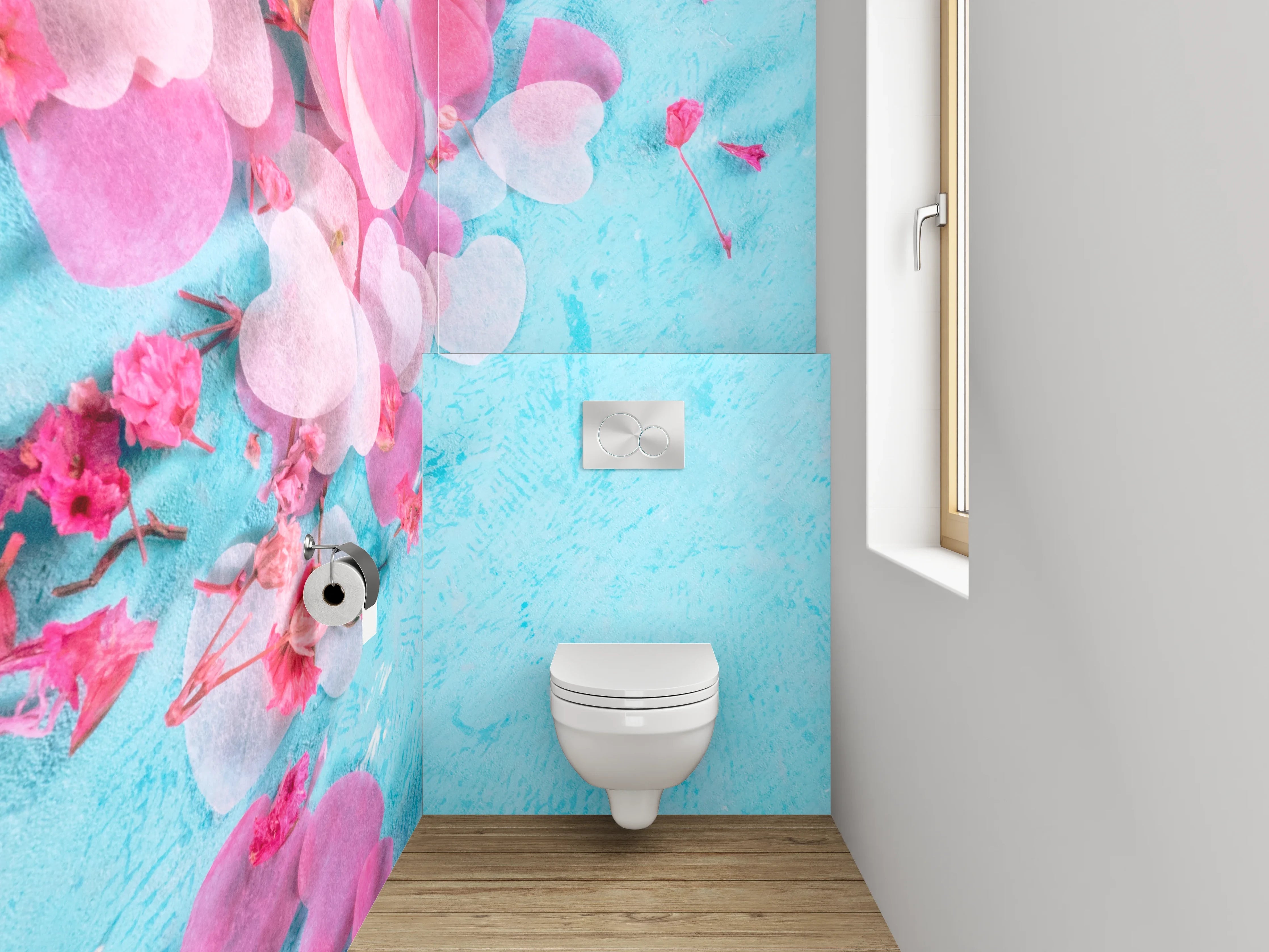 WC-Rückwand - Herzkonfetti auf Türkis