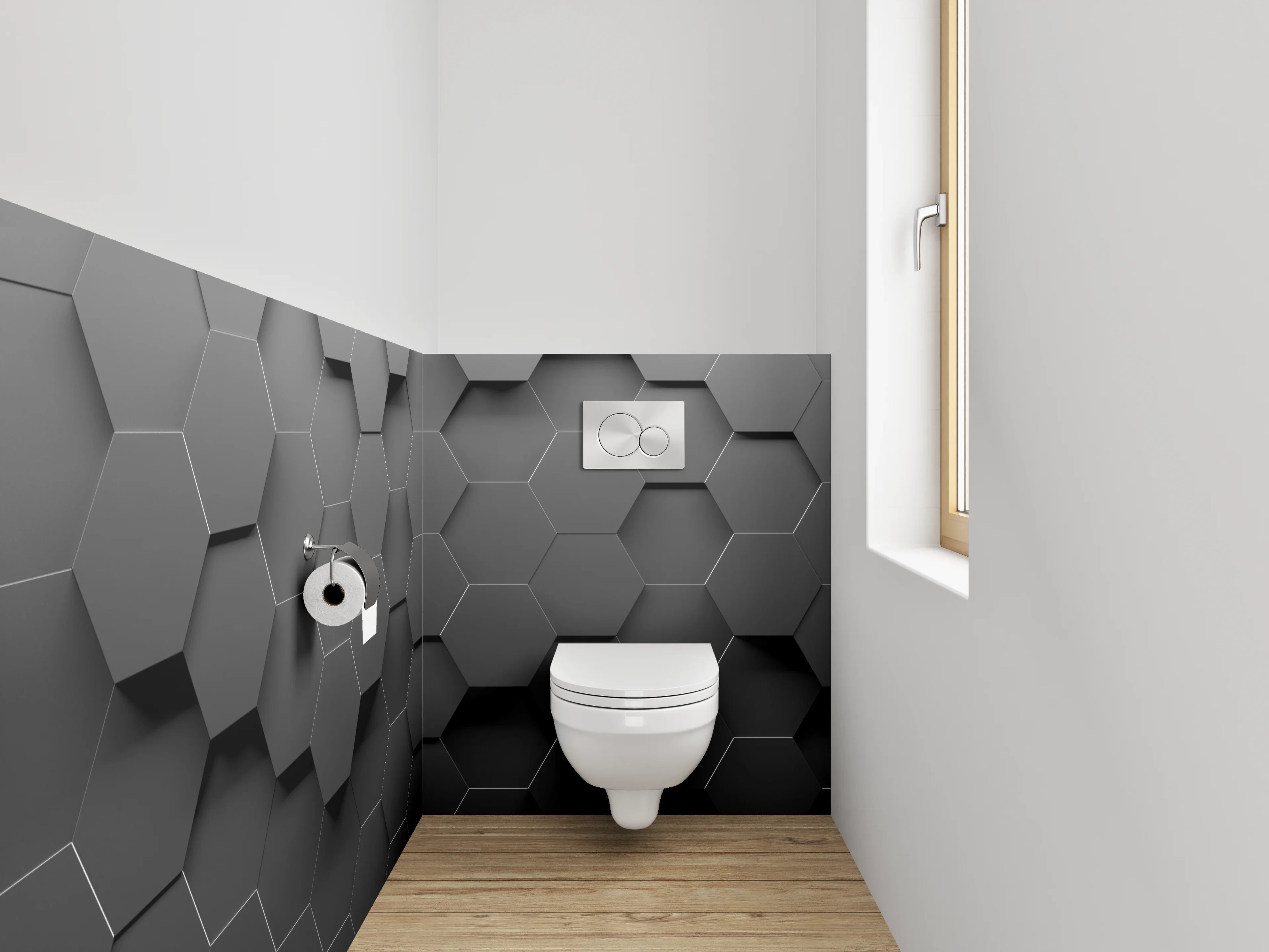 WC-Rückwand - Hexagon 3D Schwarz Grau Modern