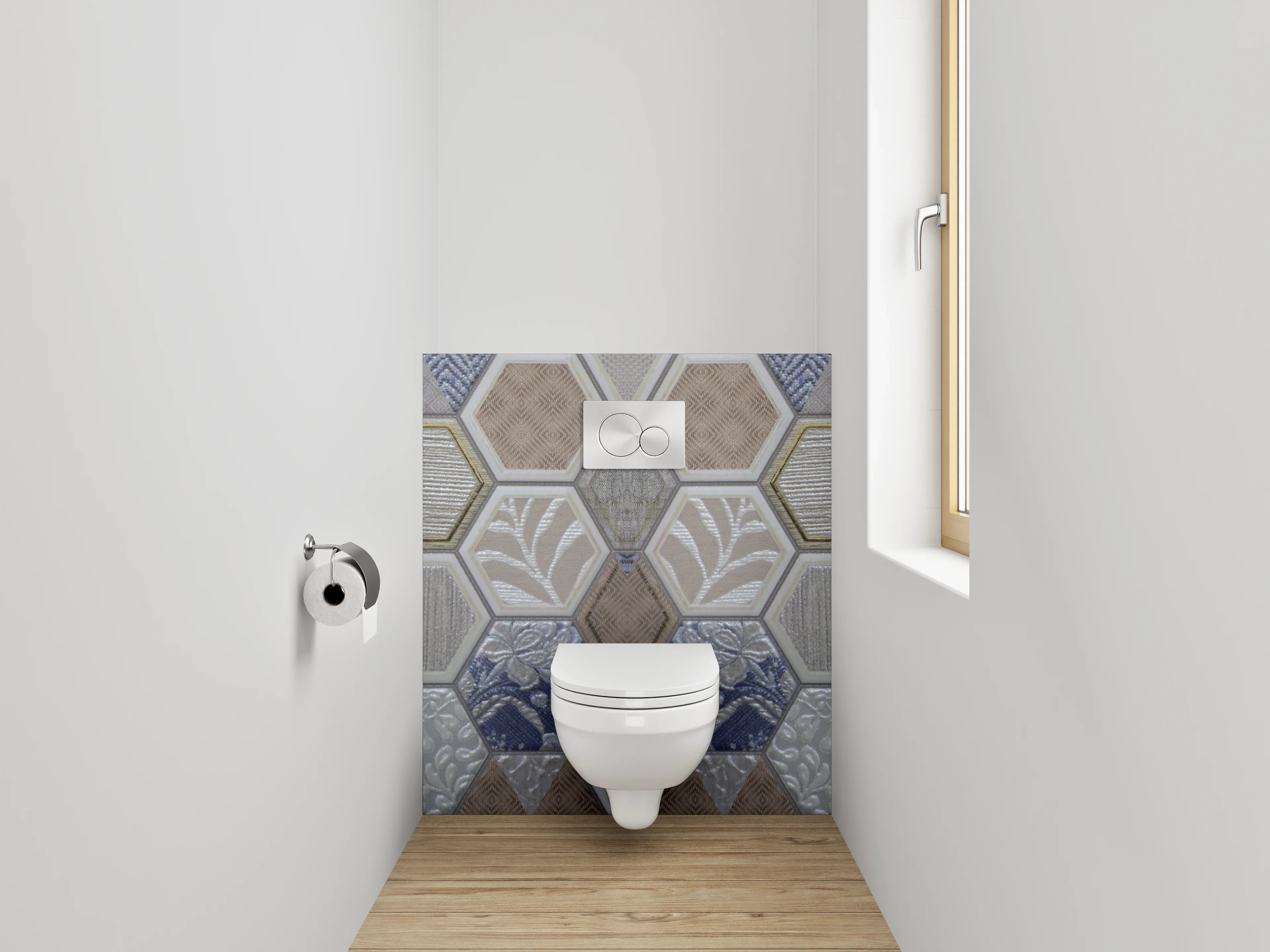 WC-Rückwand - Hexagon Fliesen Patchwork Blau Grau