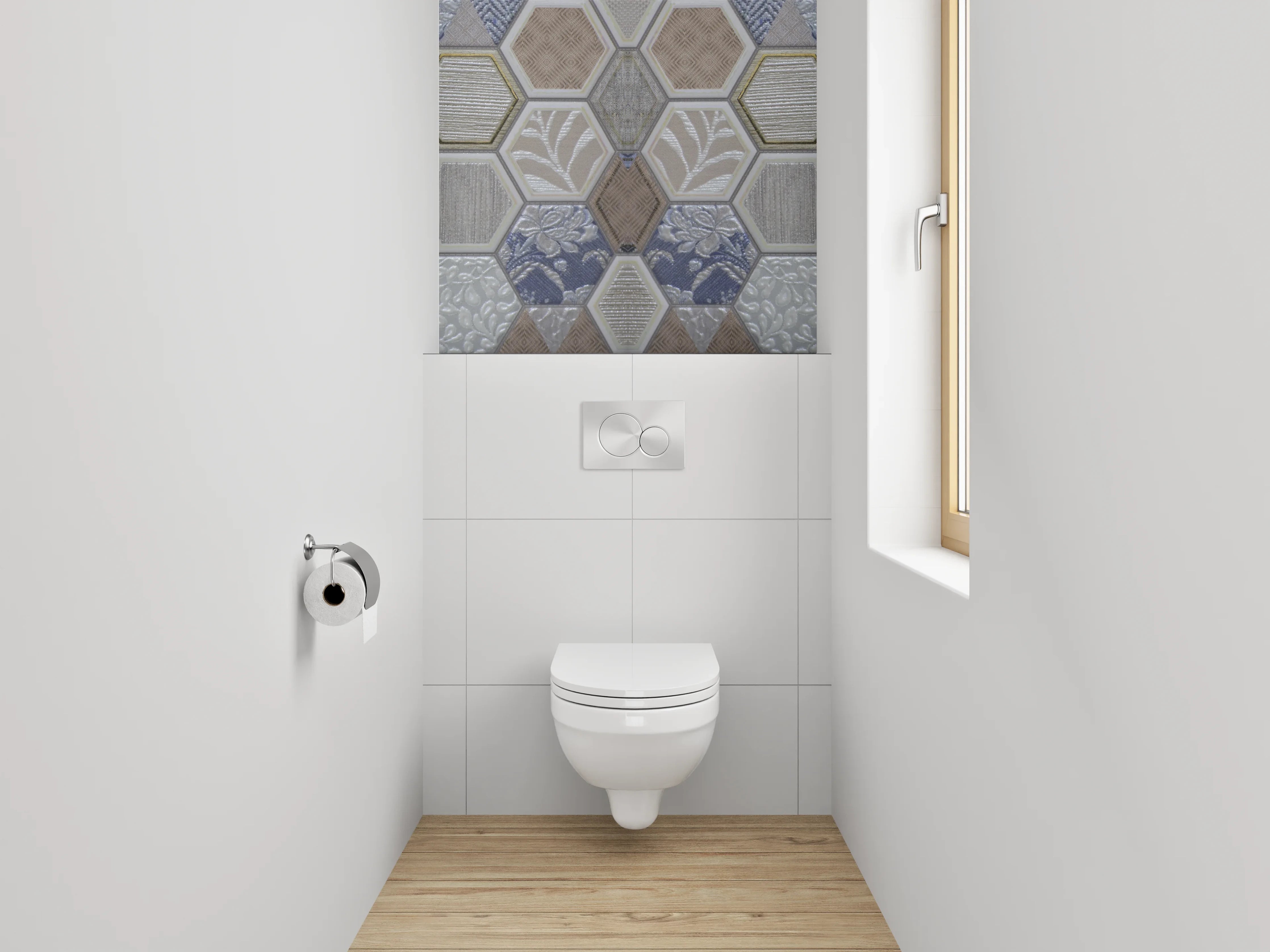 WC-Rückwand - Hexagon Fliesen Patchwork Blau Grau