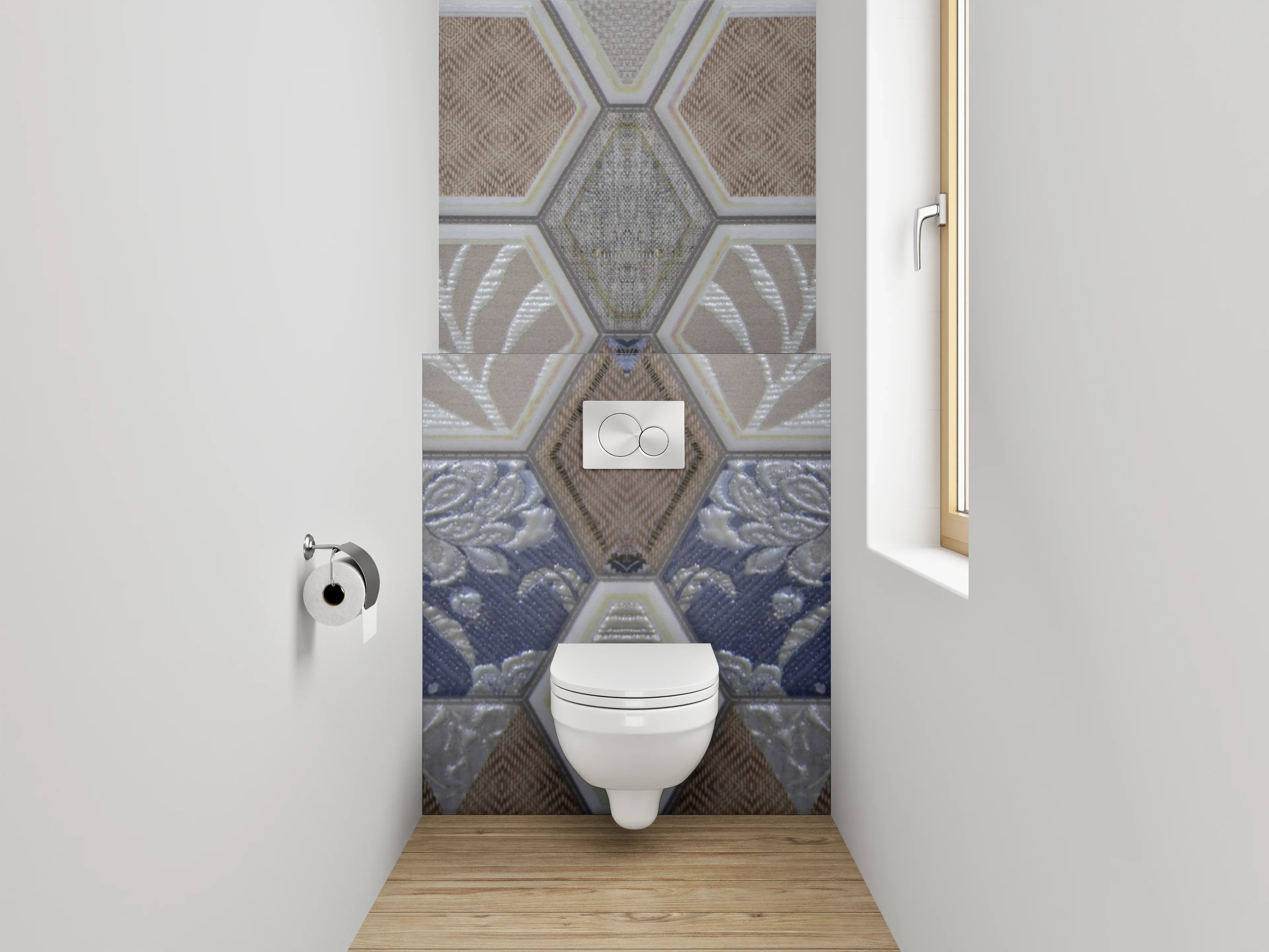 WC-Rückwand - Hexagon Fliesen Patchwork Blau Grau
