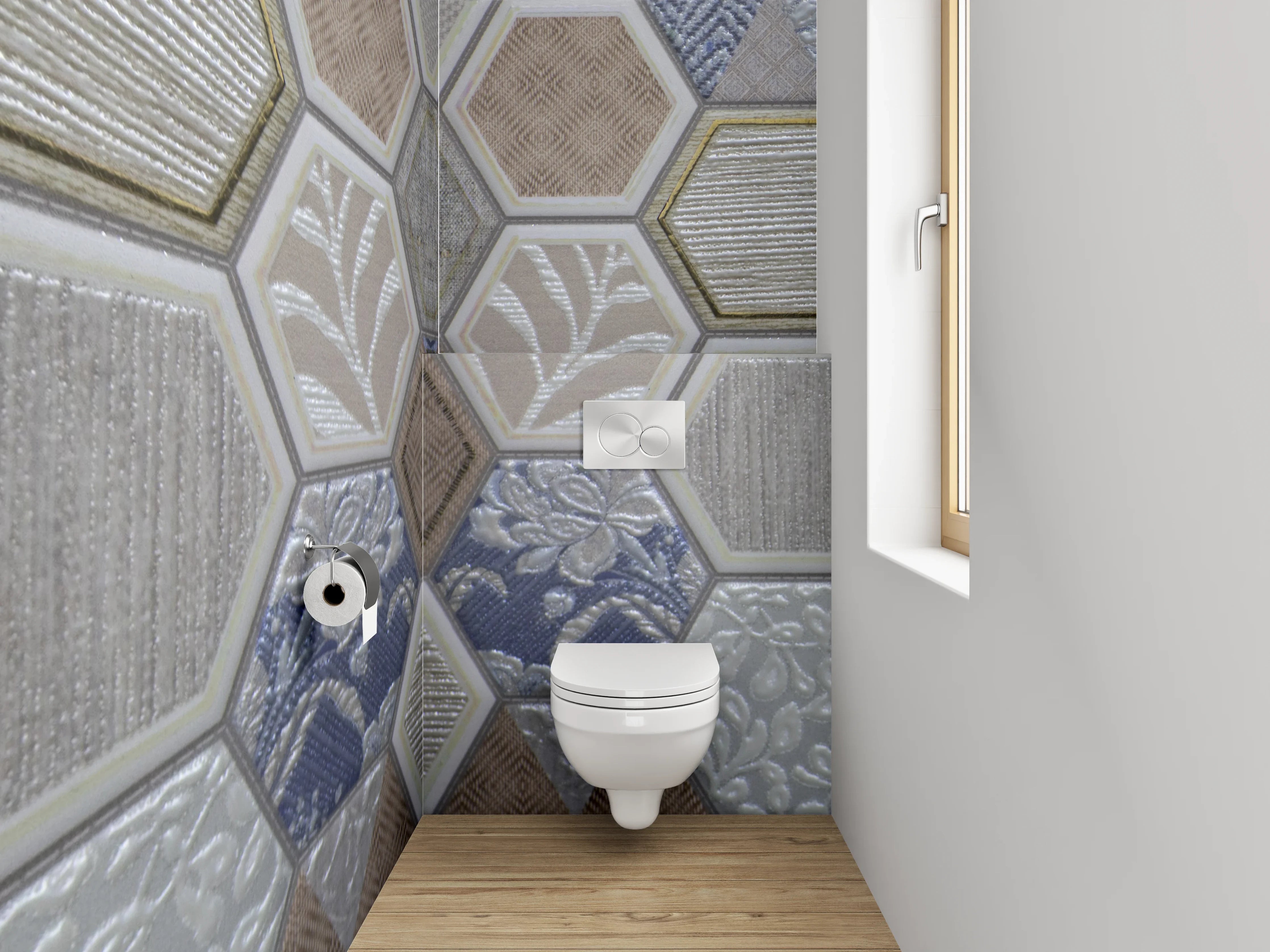 WC-Rückwand - Hexagon Fliesen Patchwork Blau Grau