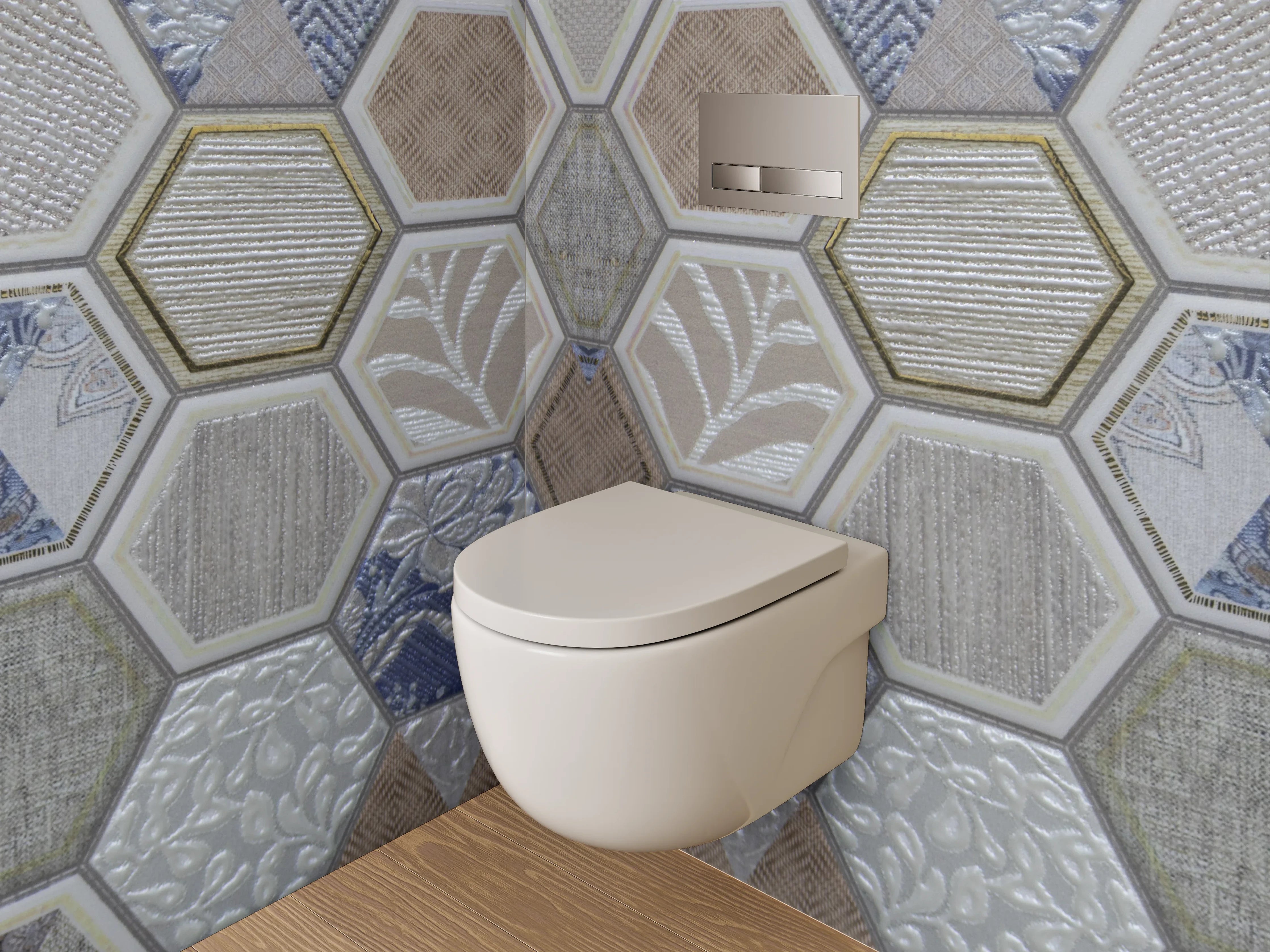 WC-Rückwand - Hexagon Fliesen Patchwork Blau Grau