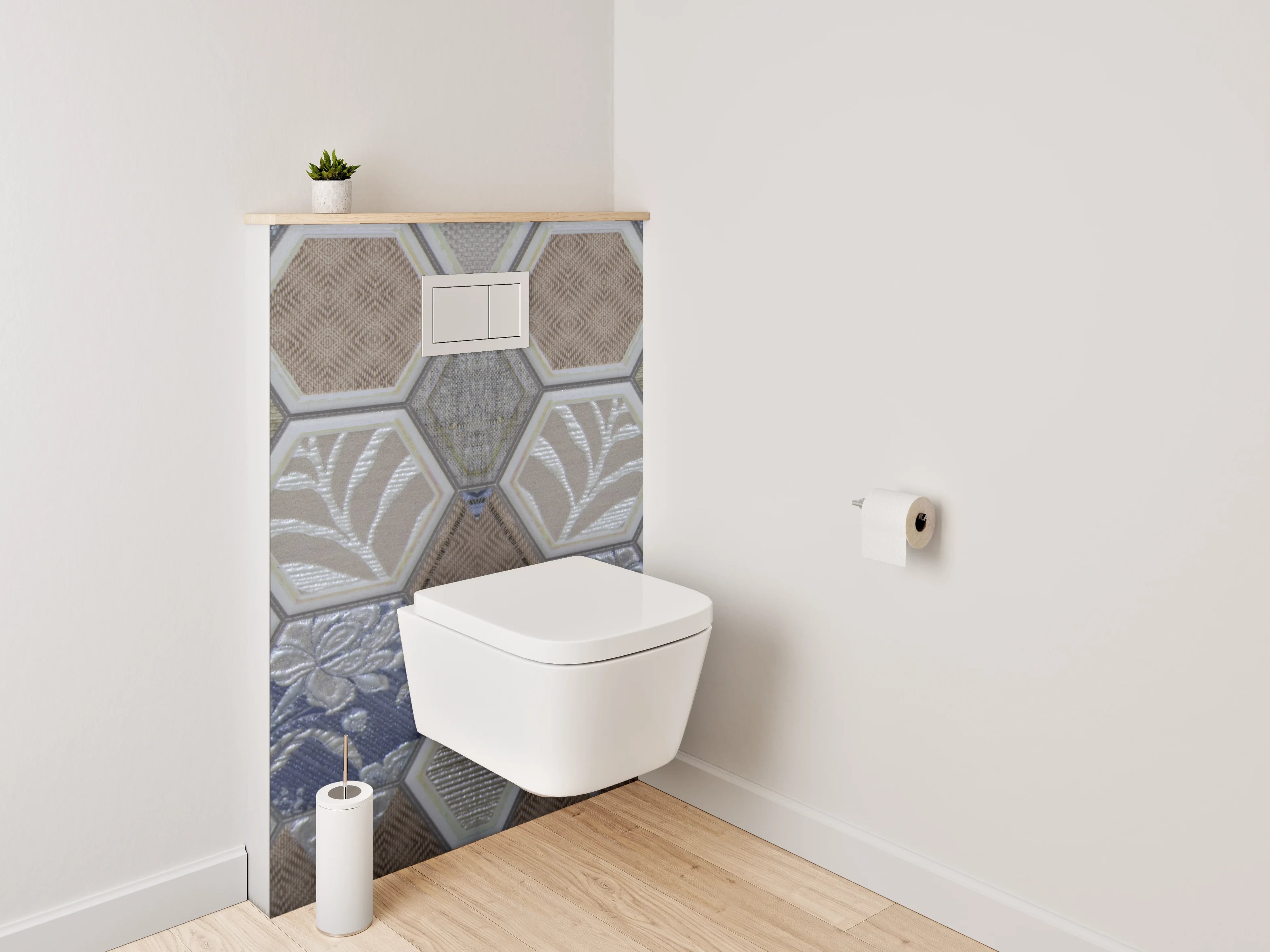 WC-Rückwand - Hexagon Fliesen Patchwork Blau Grau