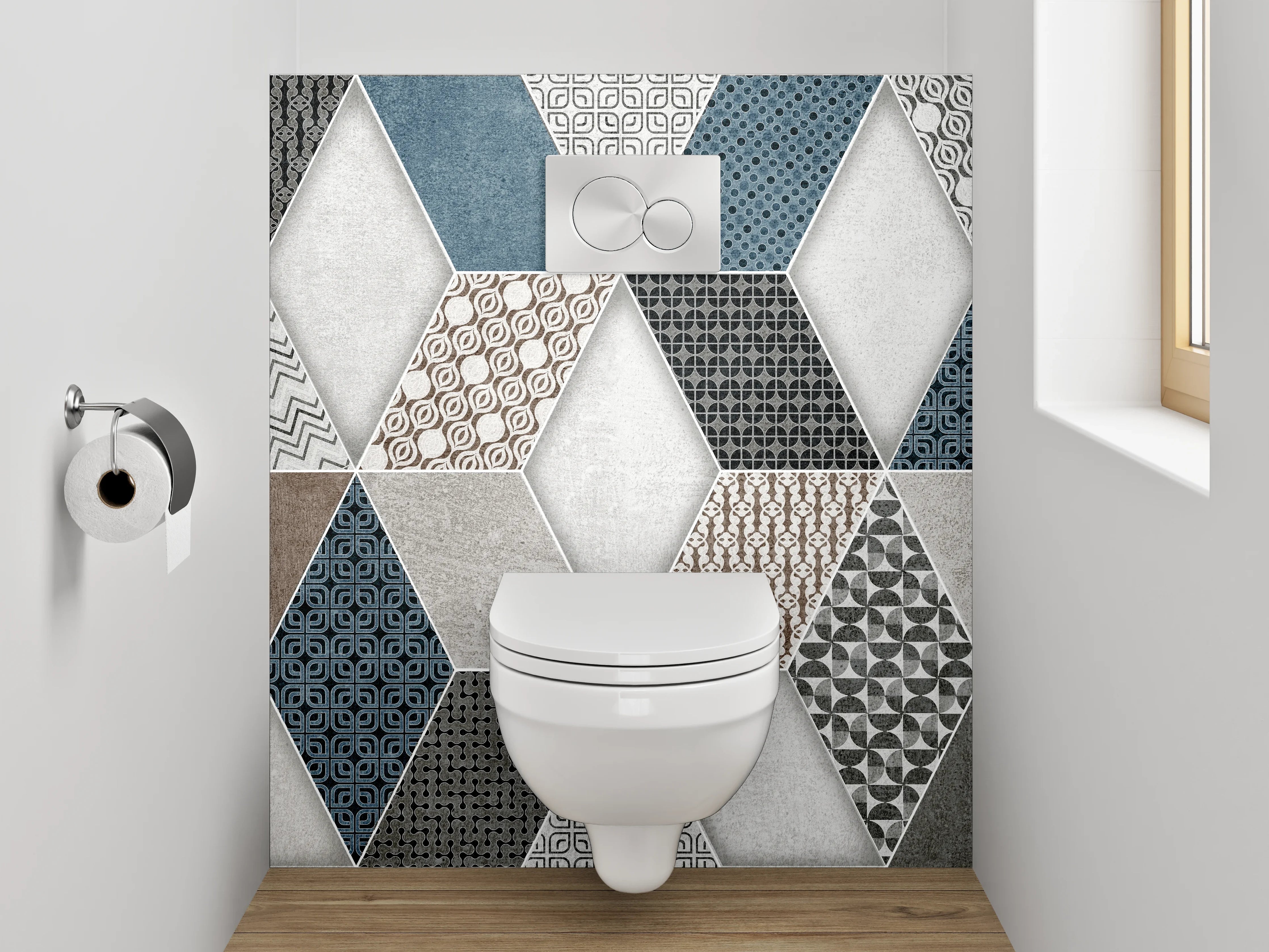 WC-Rückwand - Hexagon Mosaik Fliesen Blau Grau