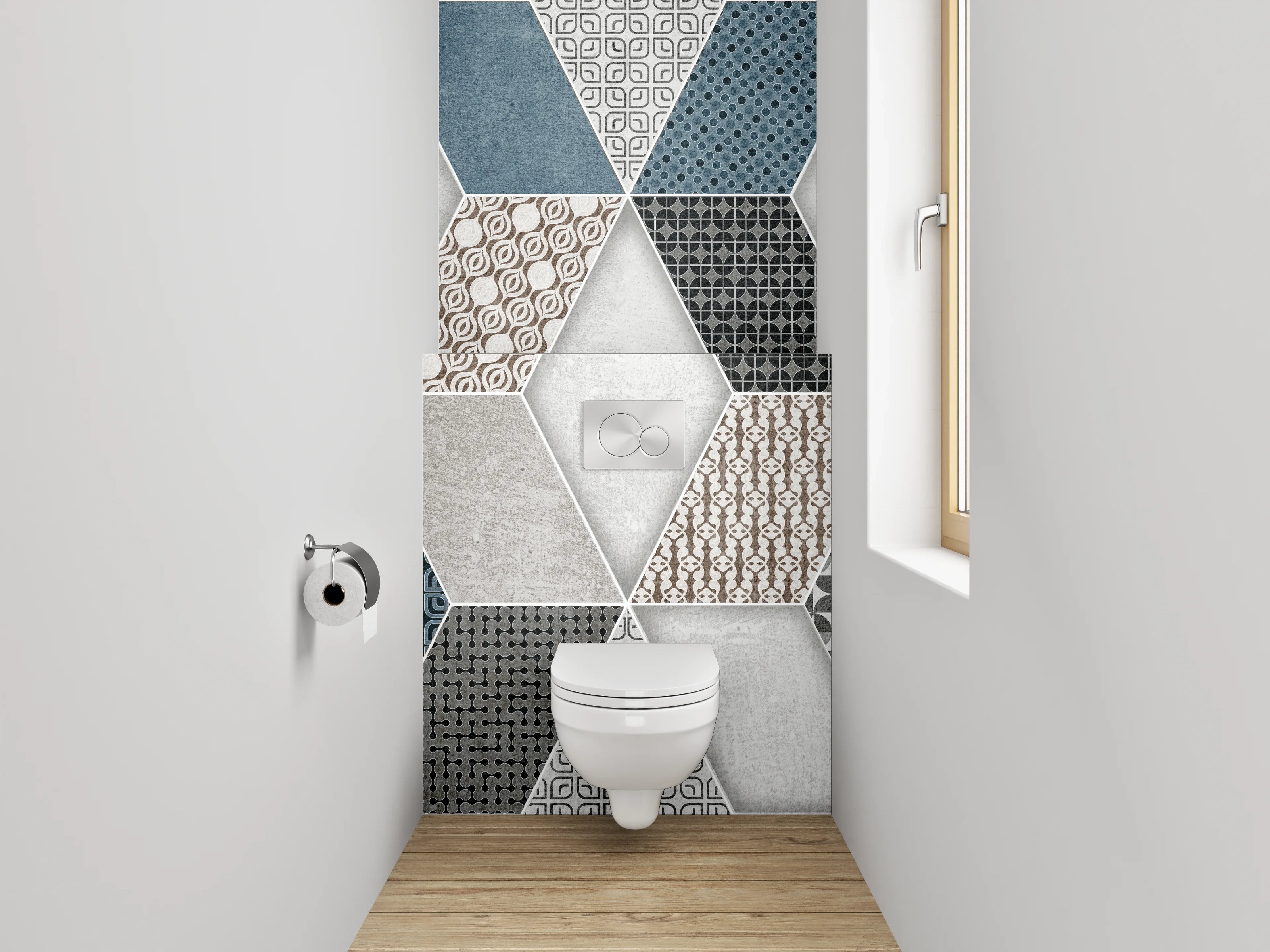 WC-Rückwand - Hexagon Mosaik Fliesen Blau Grau