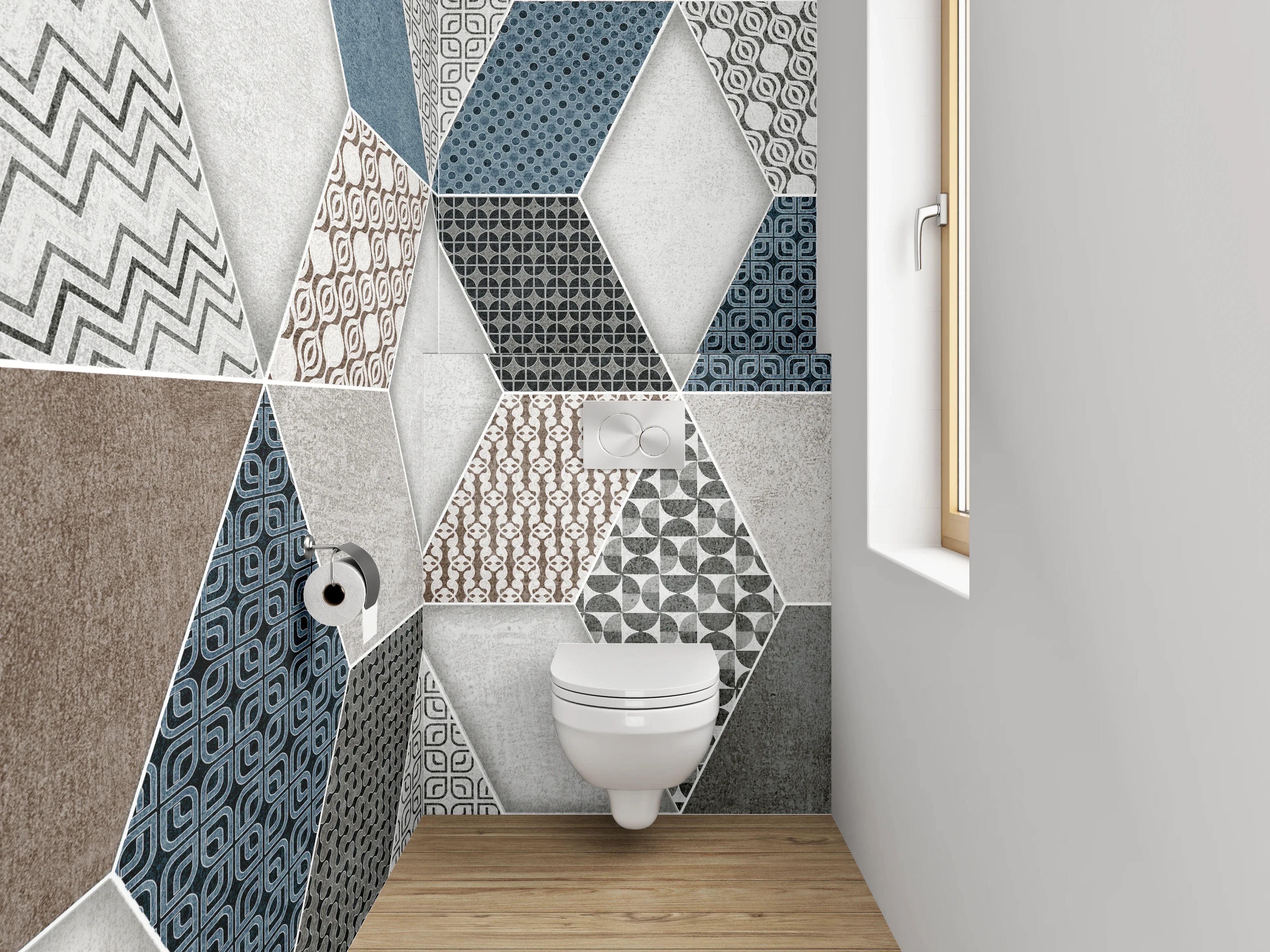 WC-Rückwand - Hexagon Mosaik Fliesen Blau Grau