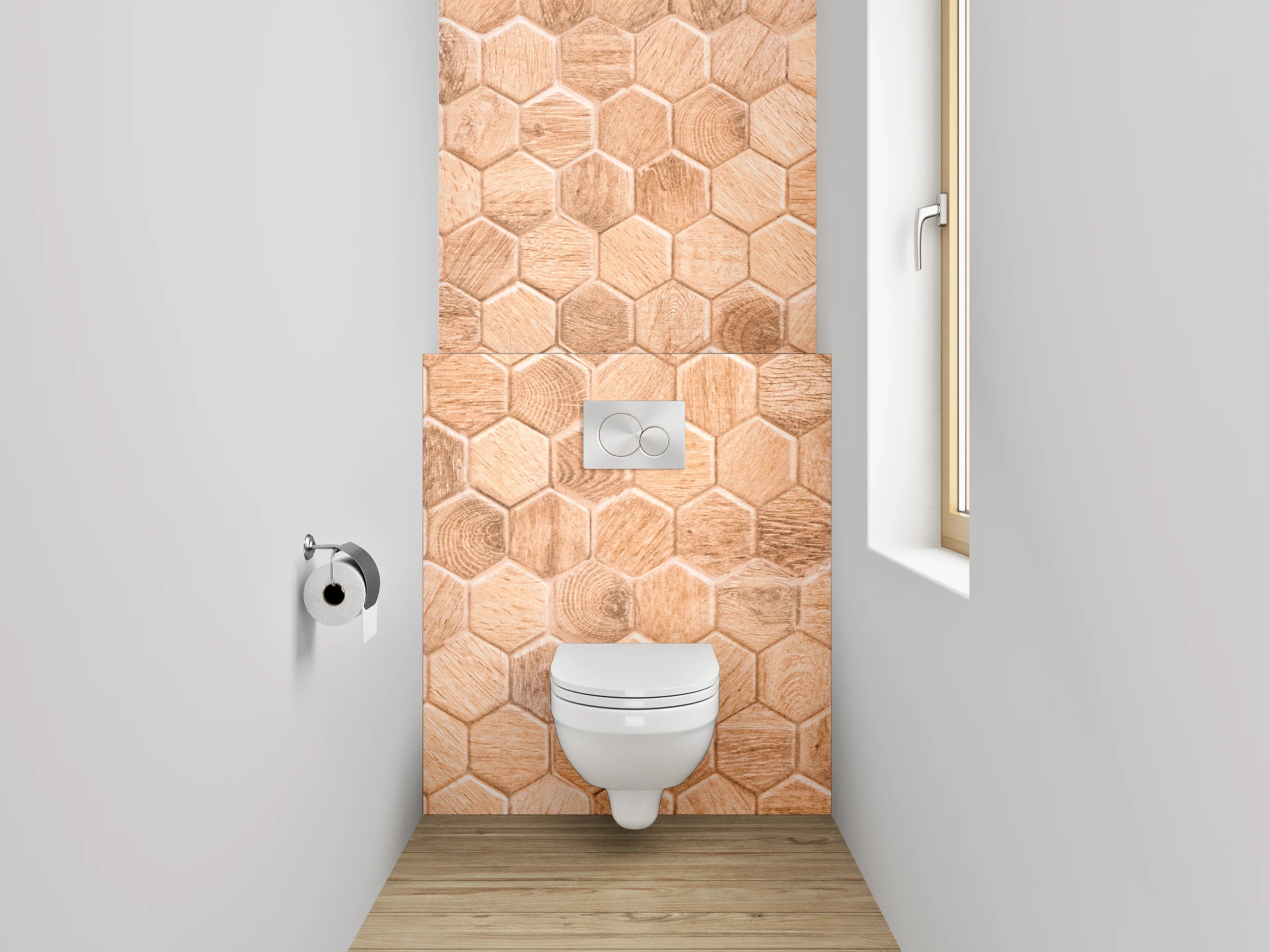 WC-Rückwand - Hexagon Mosaik Fliesen Holzoptik Braun