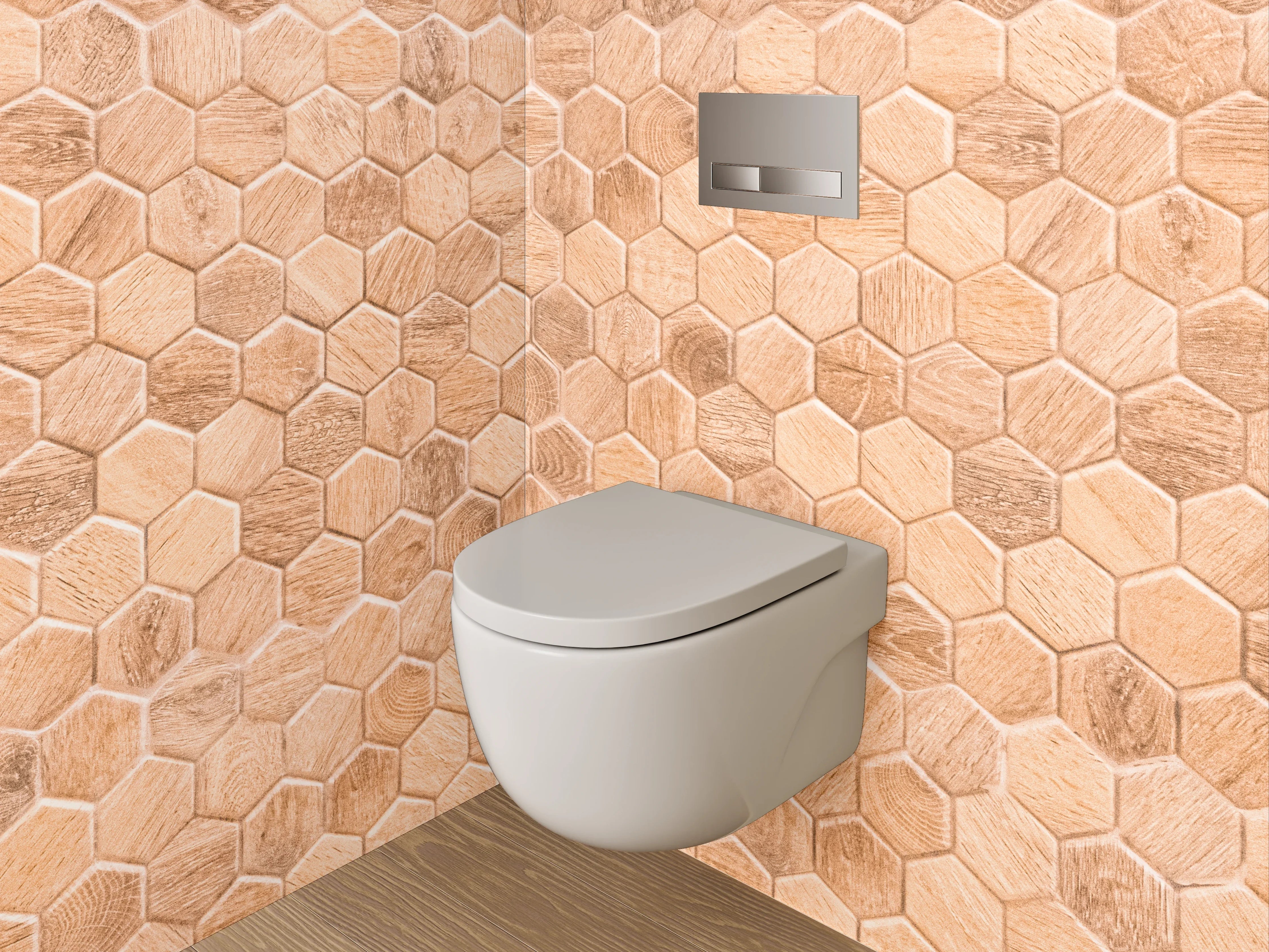 WC-Rückwand - Hexagon Mosaik Fliesen Holzoptik Braun