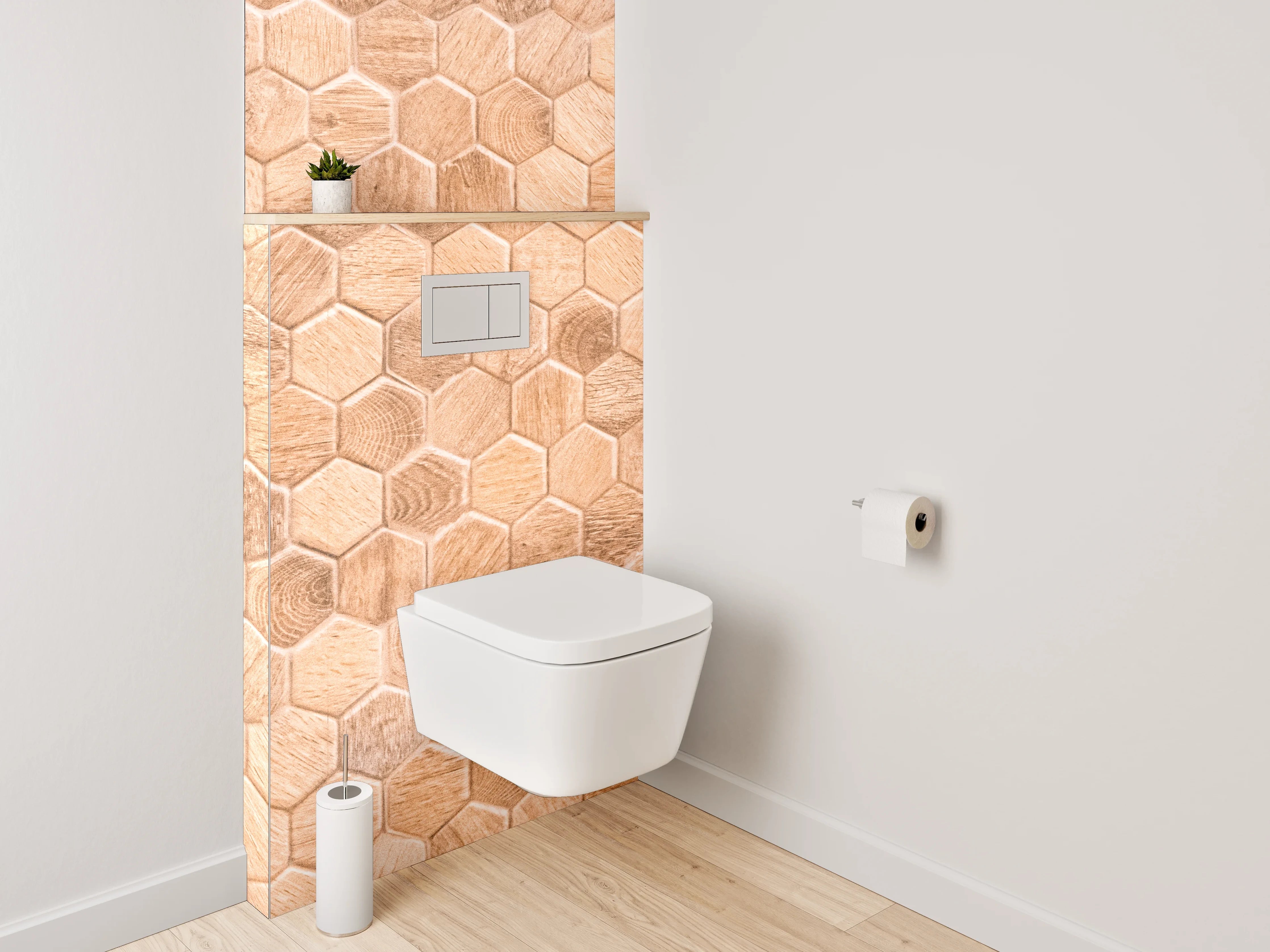 WC-Rückwand - Hexagon Mosaik Fliesen Holzoptik Braun