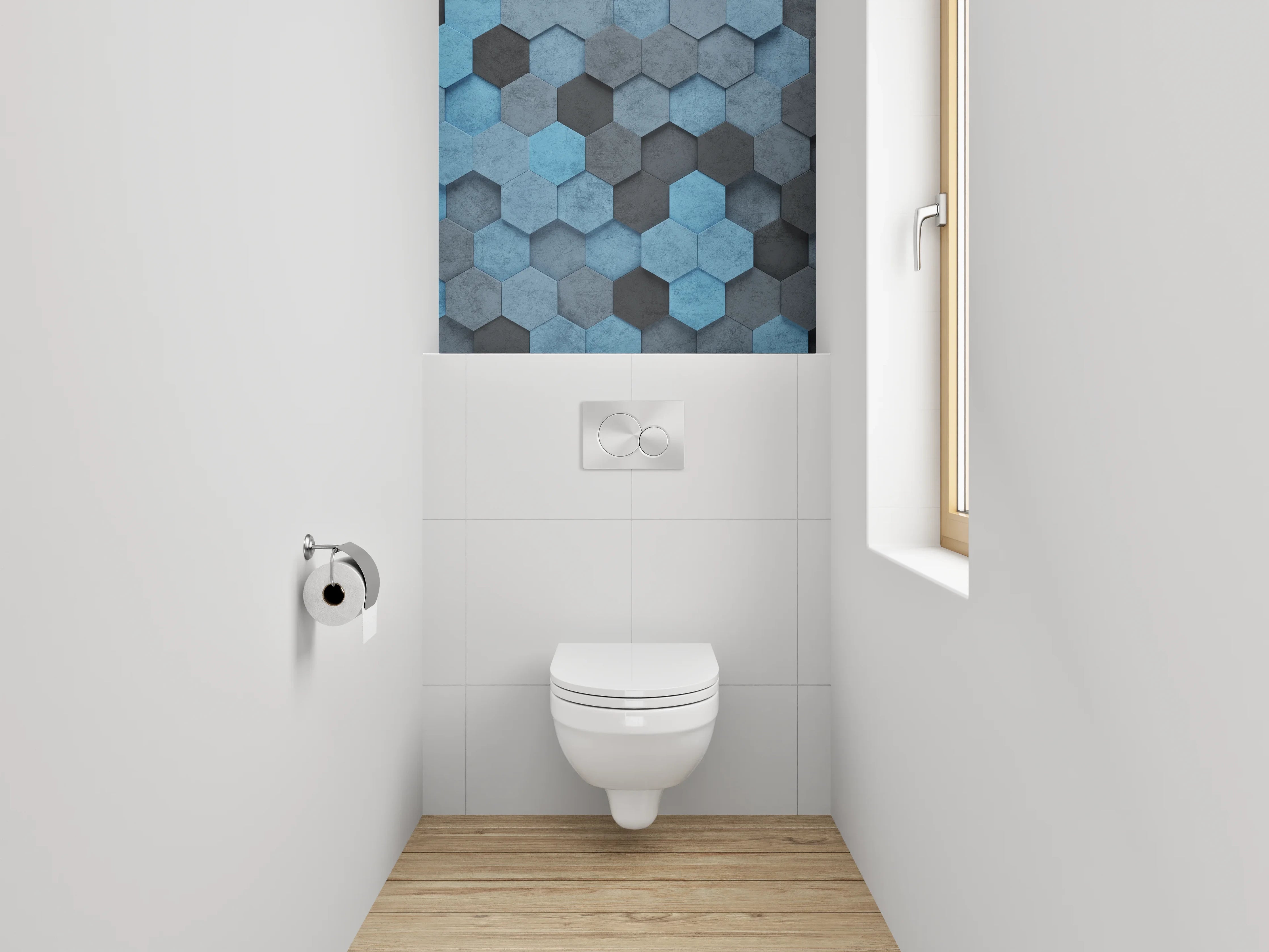 WC-Rückwand - Hexagon Mosaik in Blau und Grau