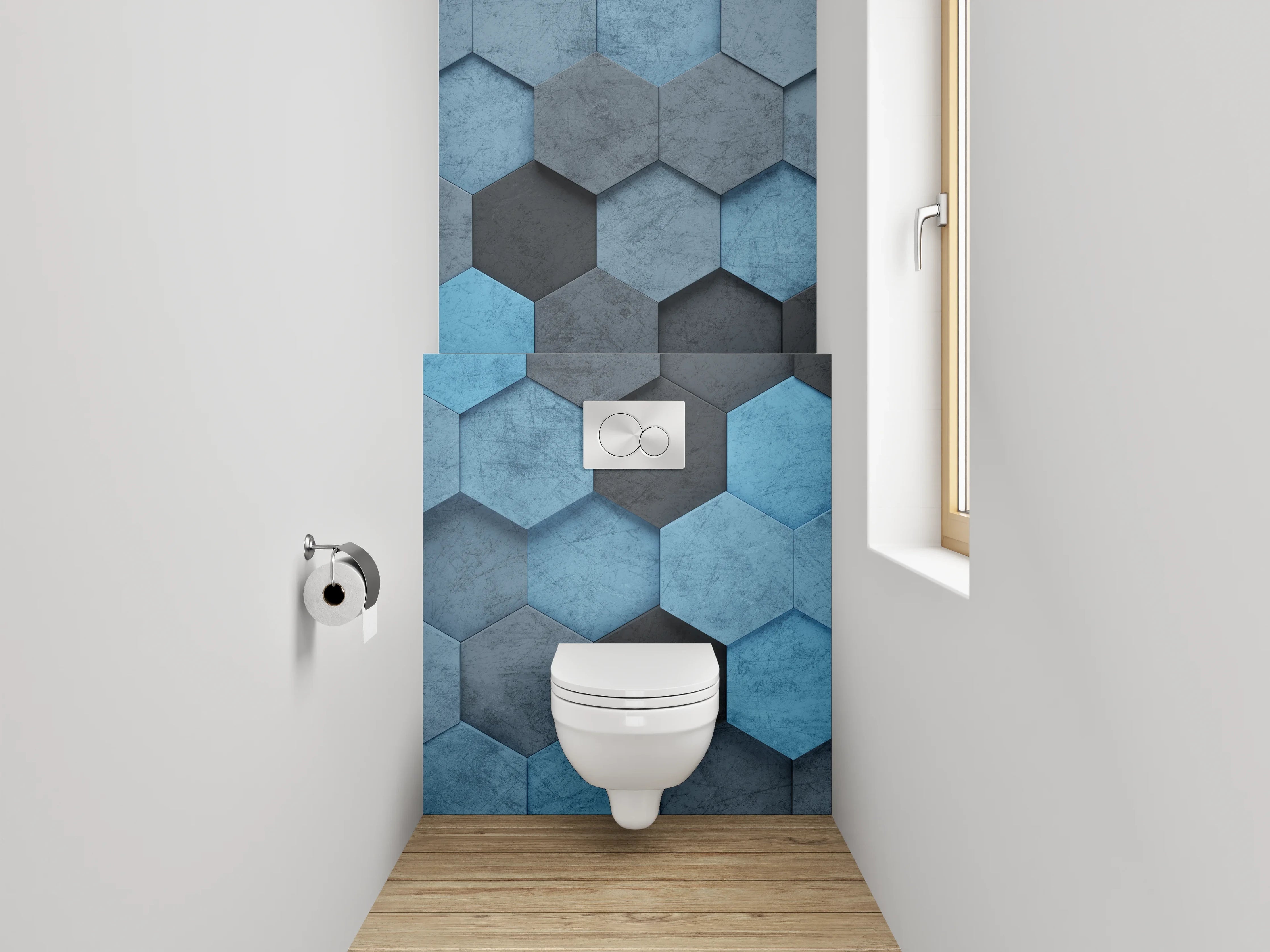 WC-Rückwand - Hexagon Mosaik in Blau und Grau