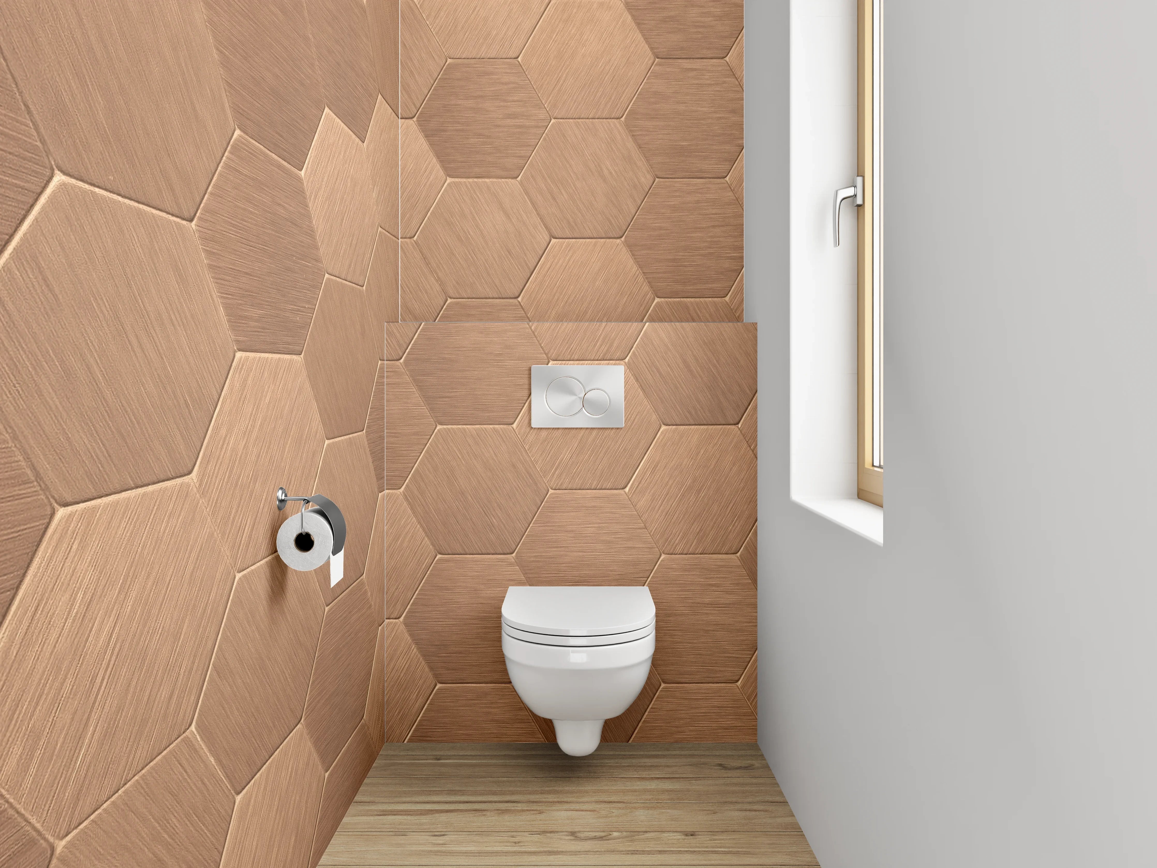 WC-Rückwand - Hexagon-Mosaik in Kupferoptik