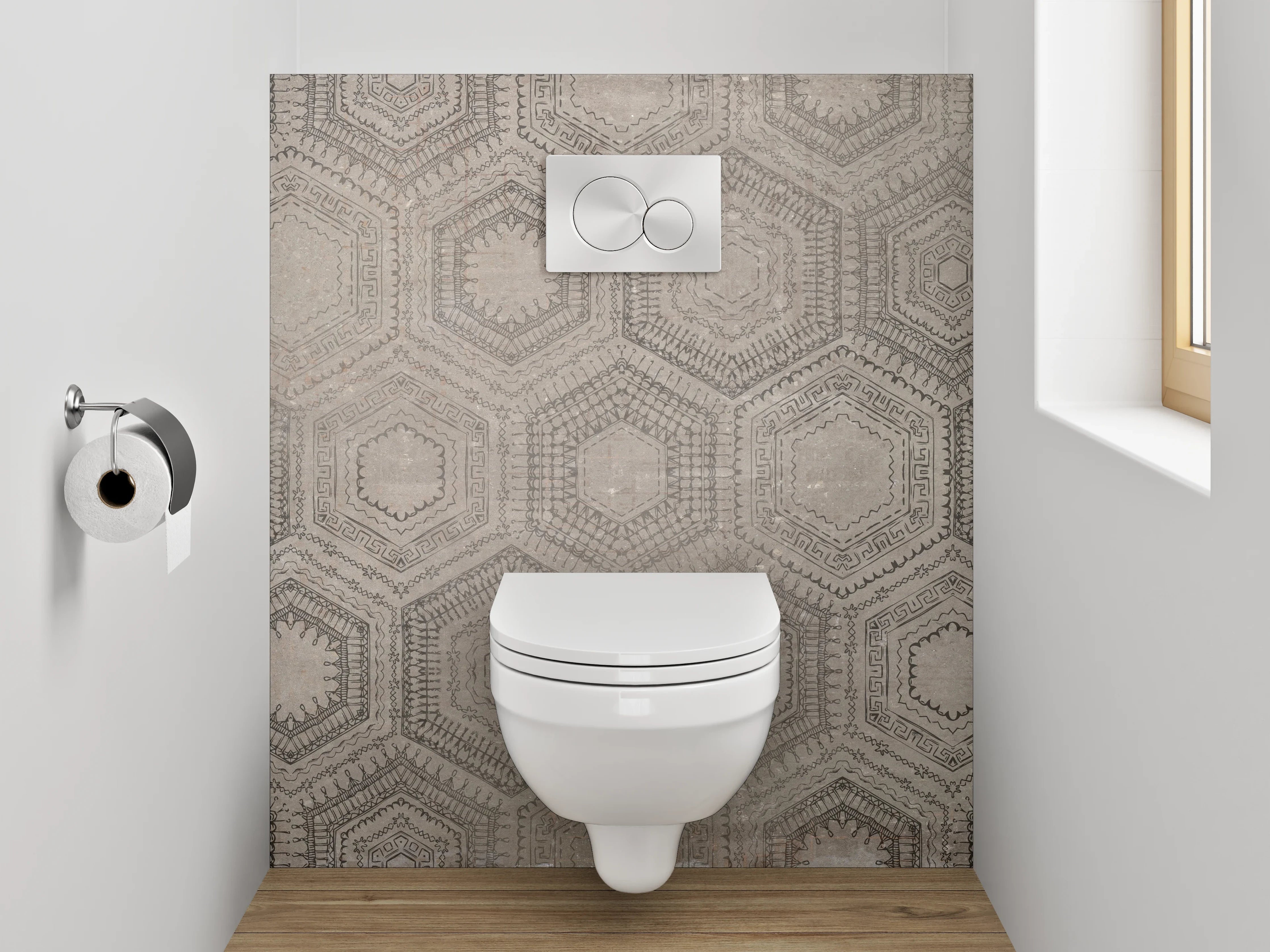 WC-Rückwand - Hexagon Vintage Muster Fliesenoptik Grau